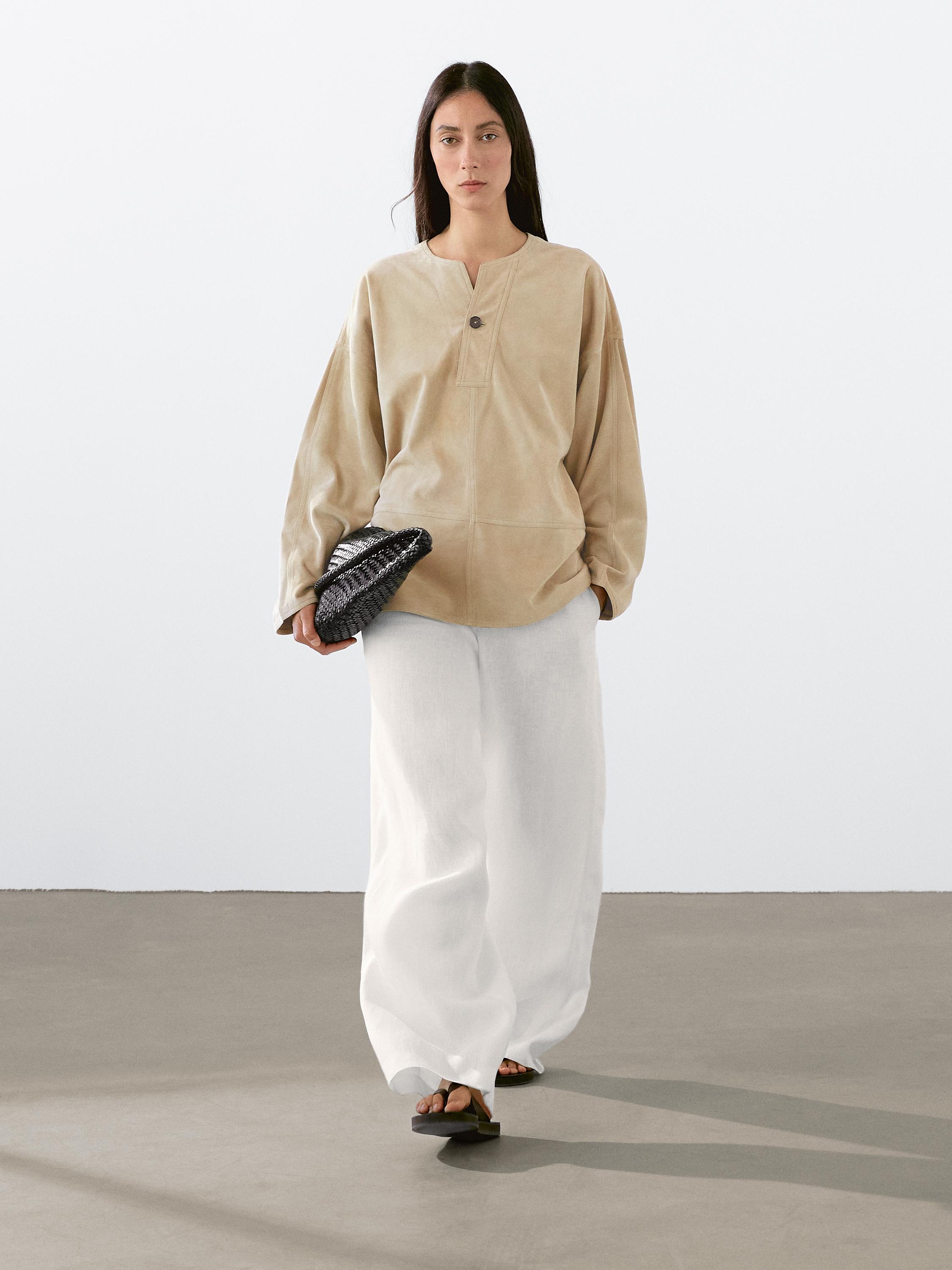 Blouse large en cuir finition daim