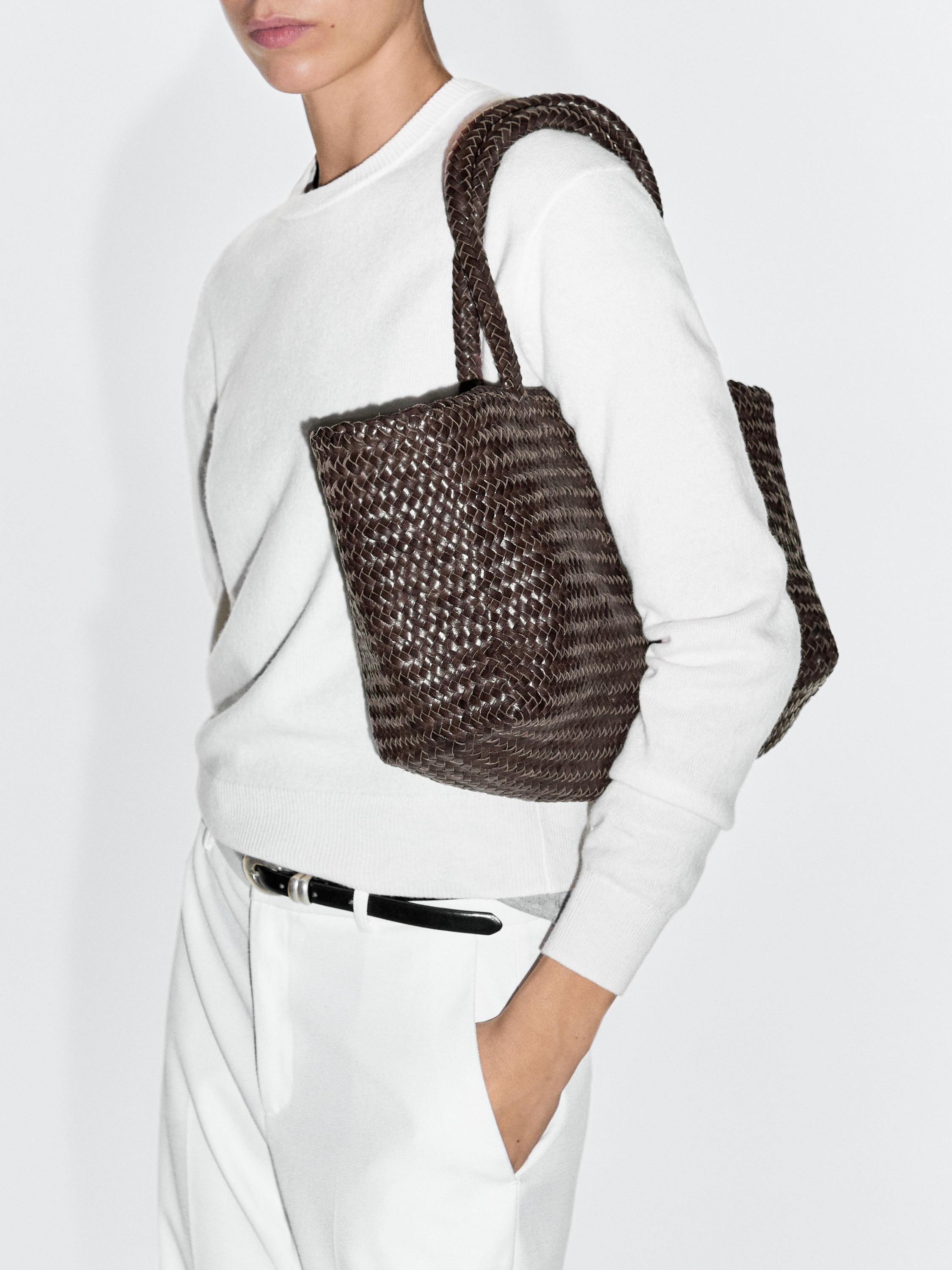 Medium braided nappa leather tote bag — BROWN