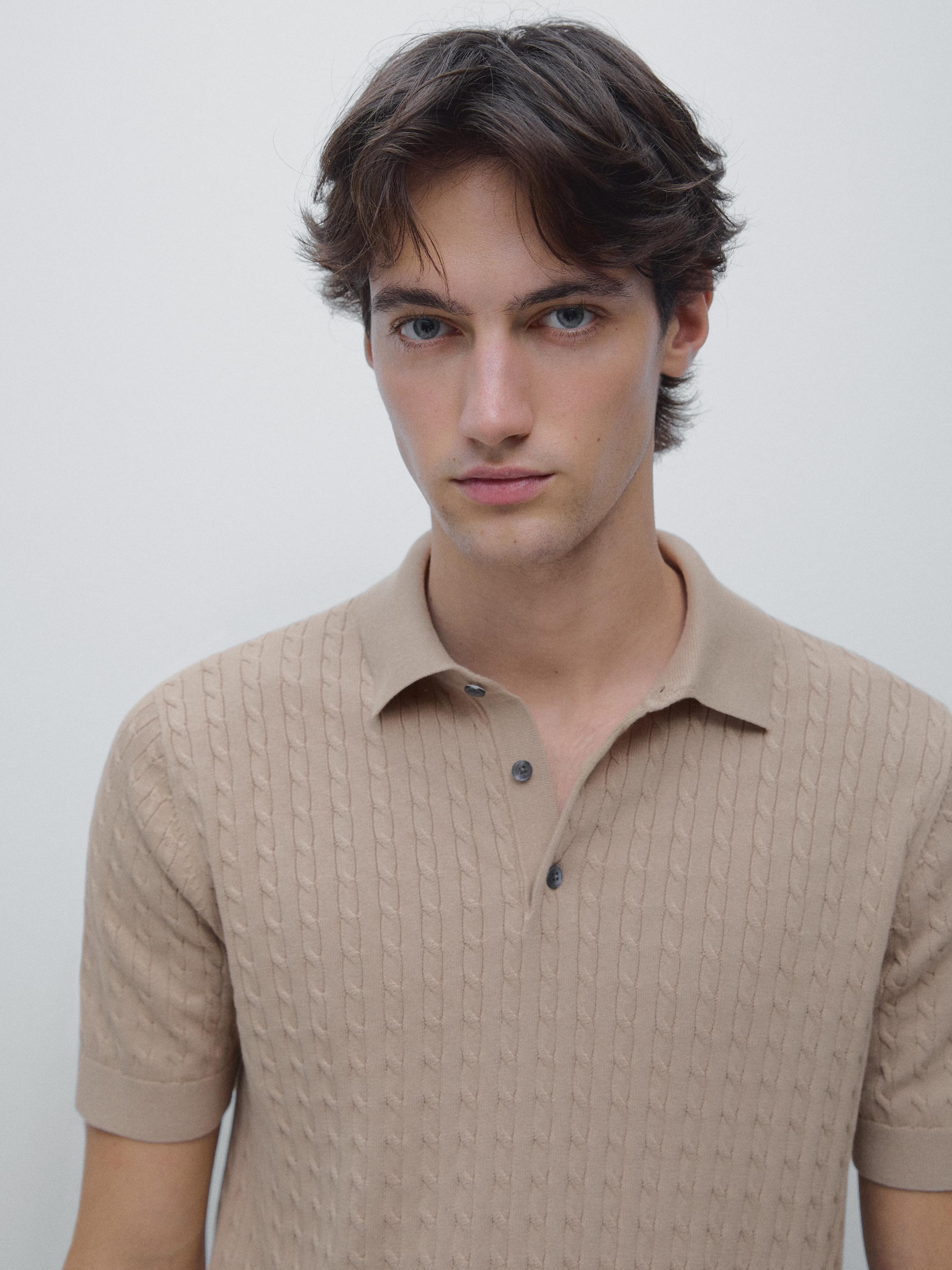 100% cotton cable-knit polo shirt — Sand beige