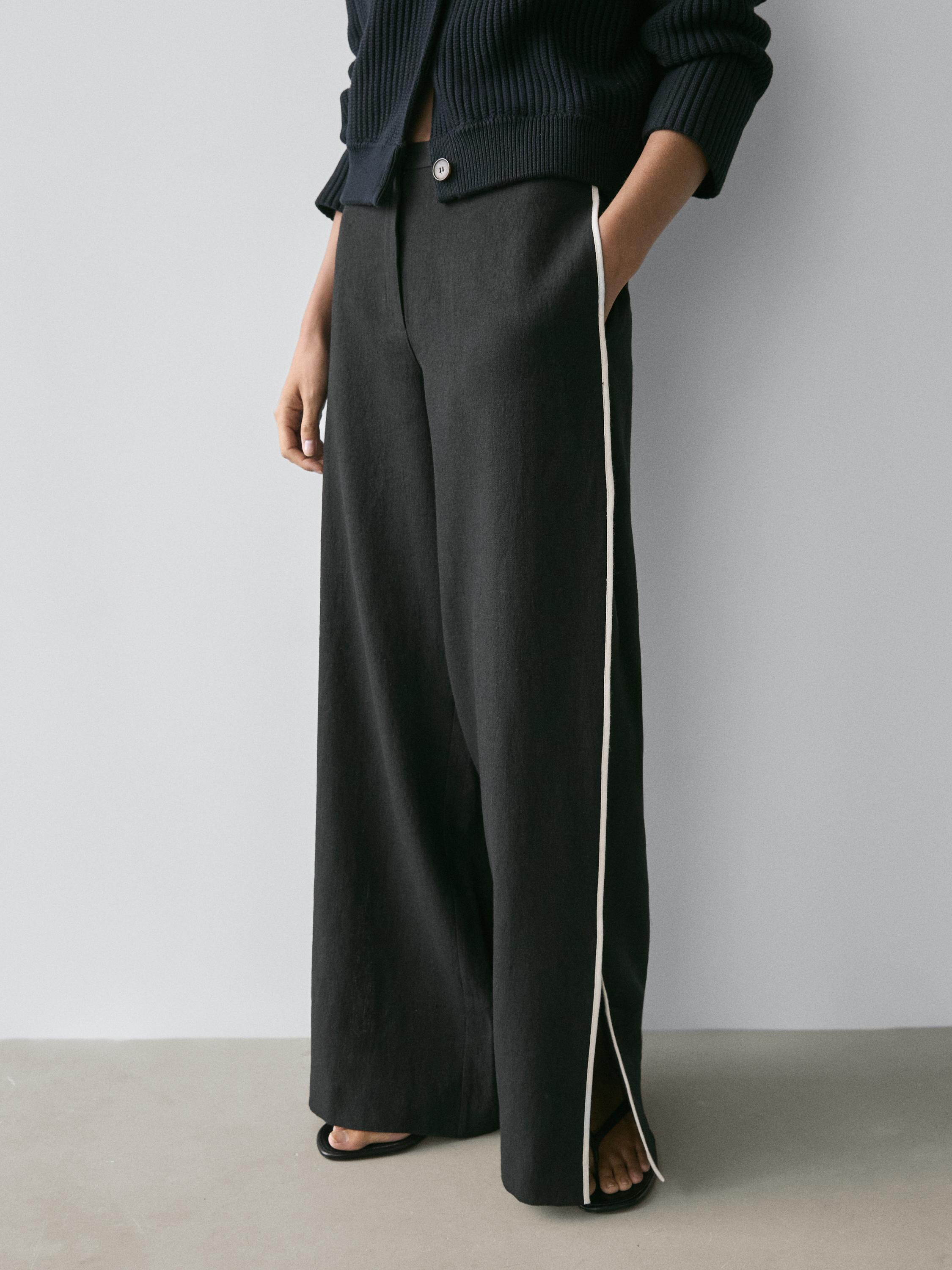 Linen trousers with contrast trim — BLACK