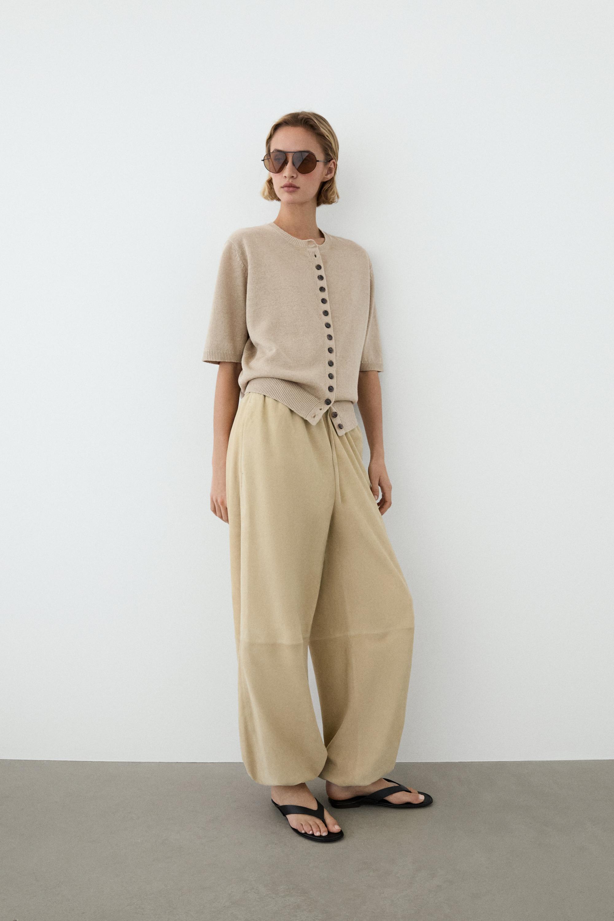 Suede leather sarouel trousers — Vanilla