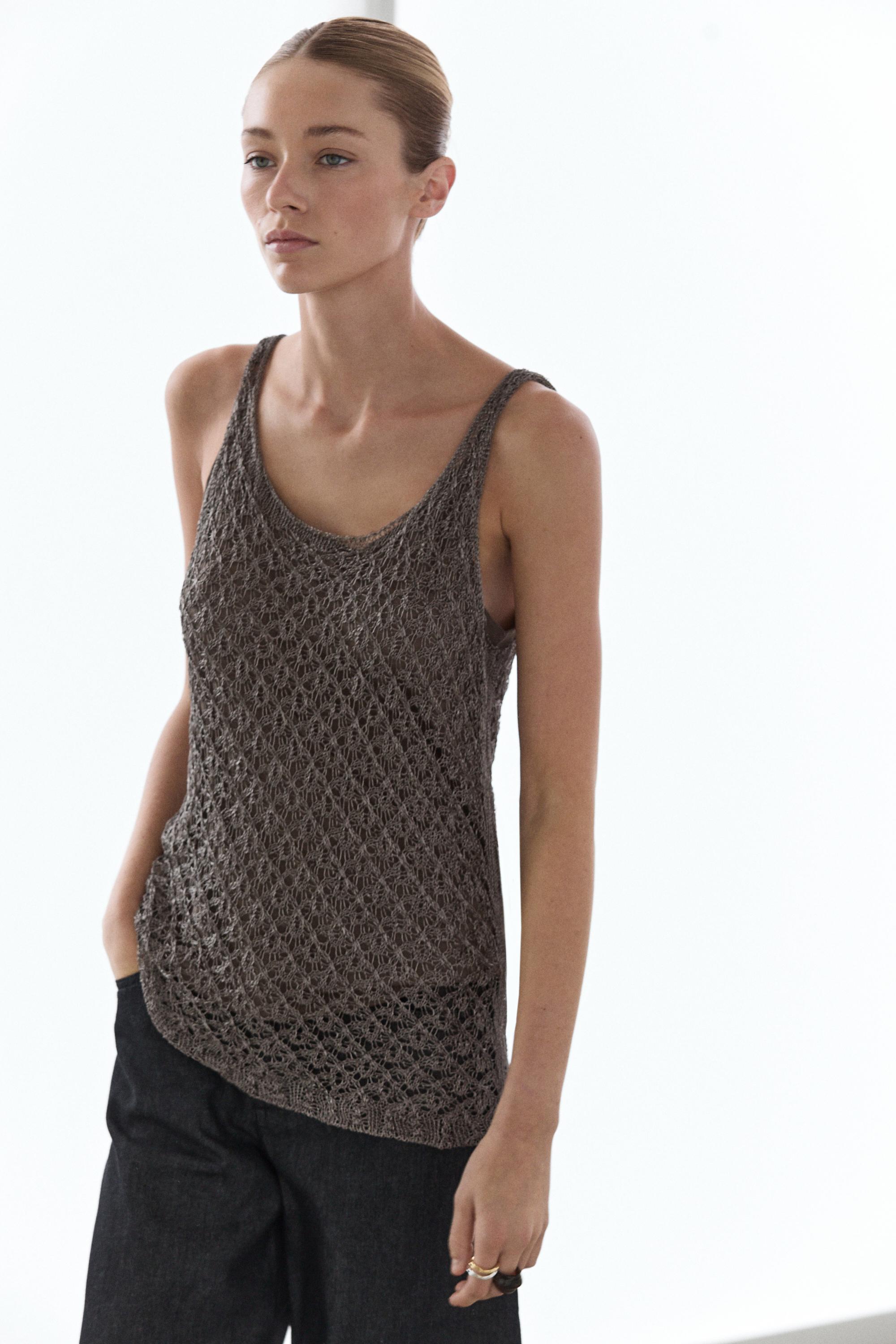 Strappy metallic mesh top