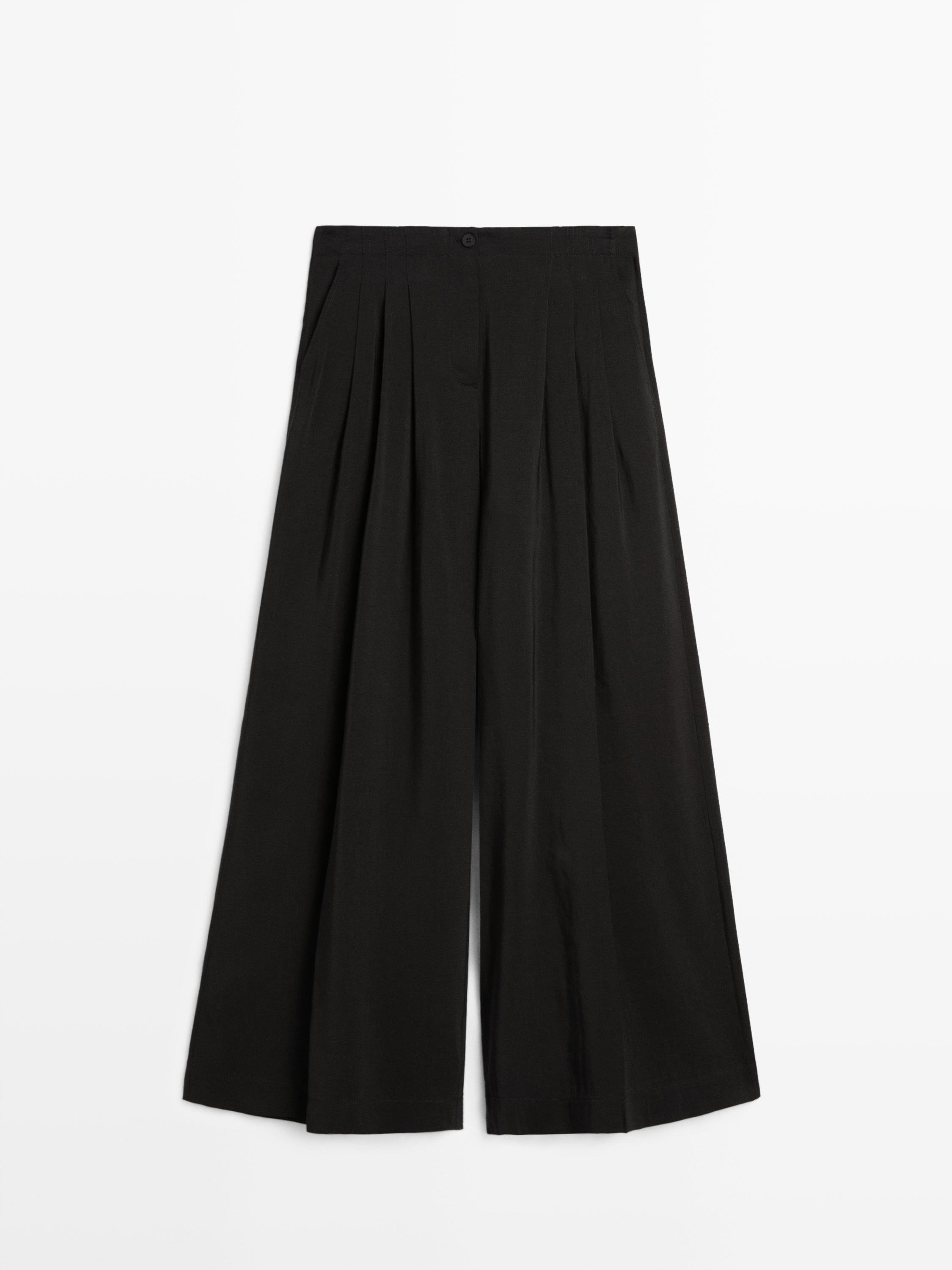 Flowing linen blend trousers — BLACK