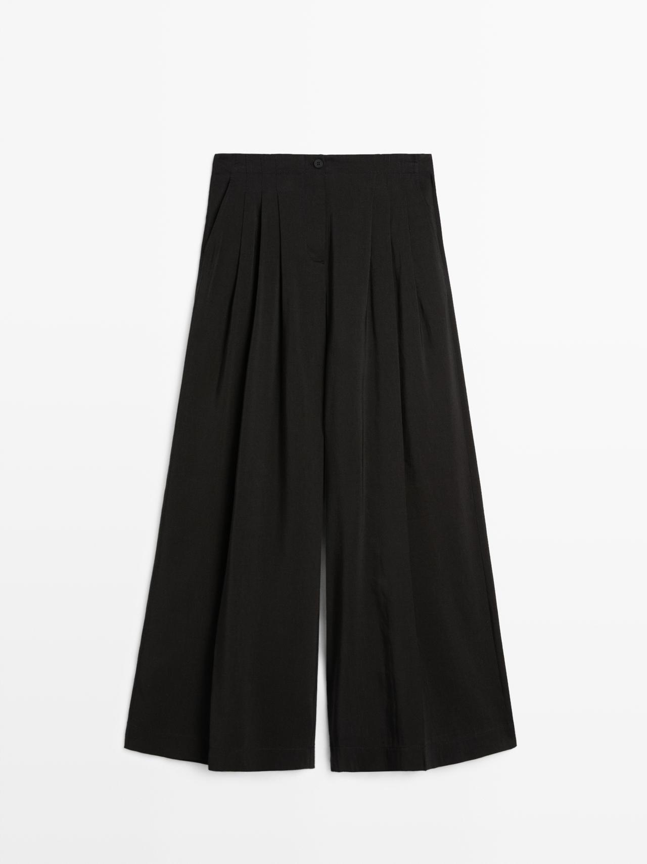 Massimo Dutti - Dames - Soepelvallende Broek Van Linnenmix - Zwart - M