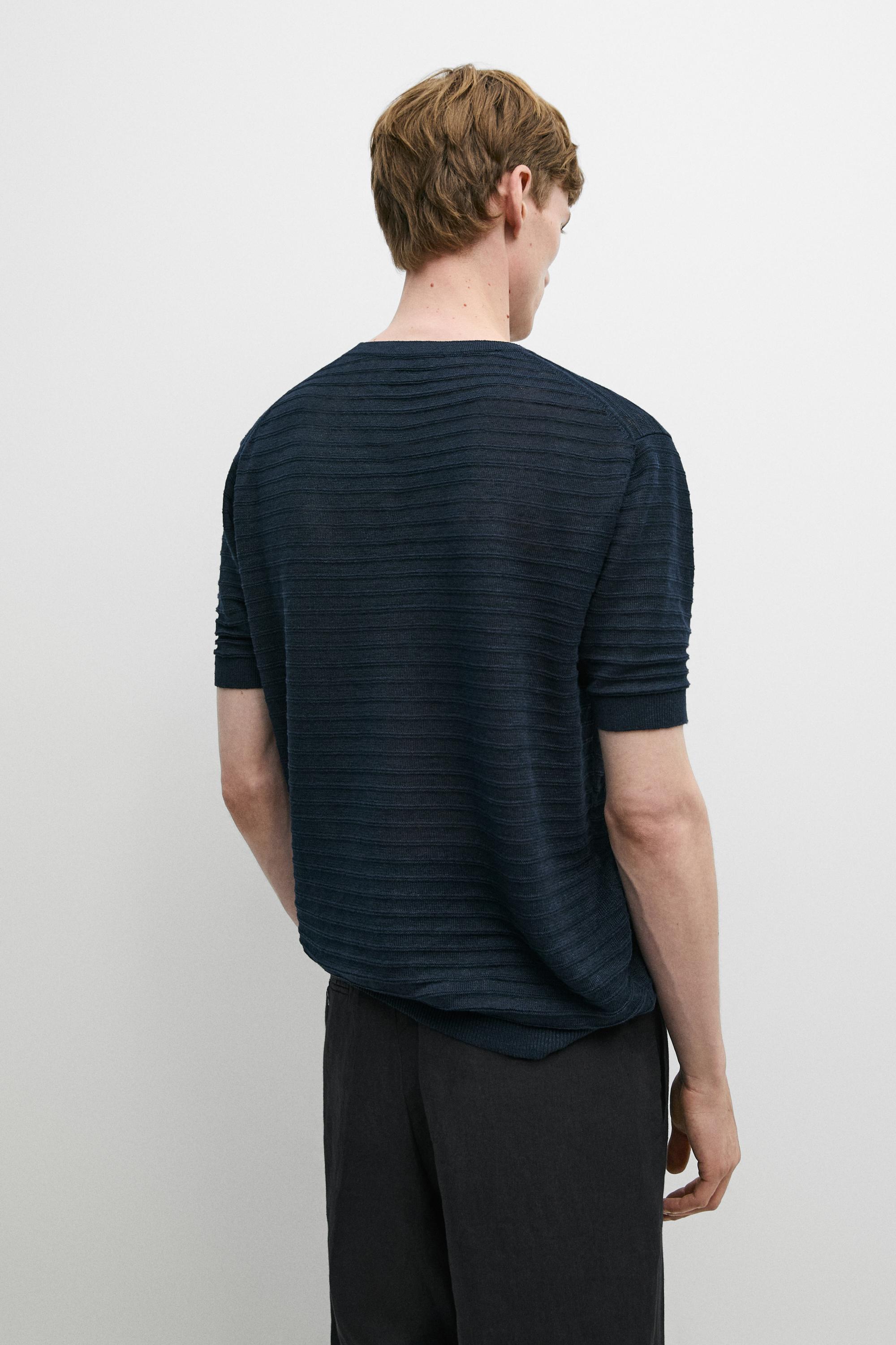 100% linen short sleeve knit sweater — NAVY BLUE