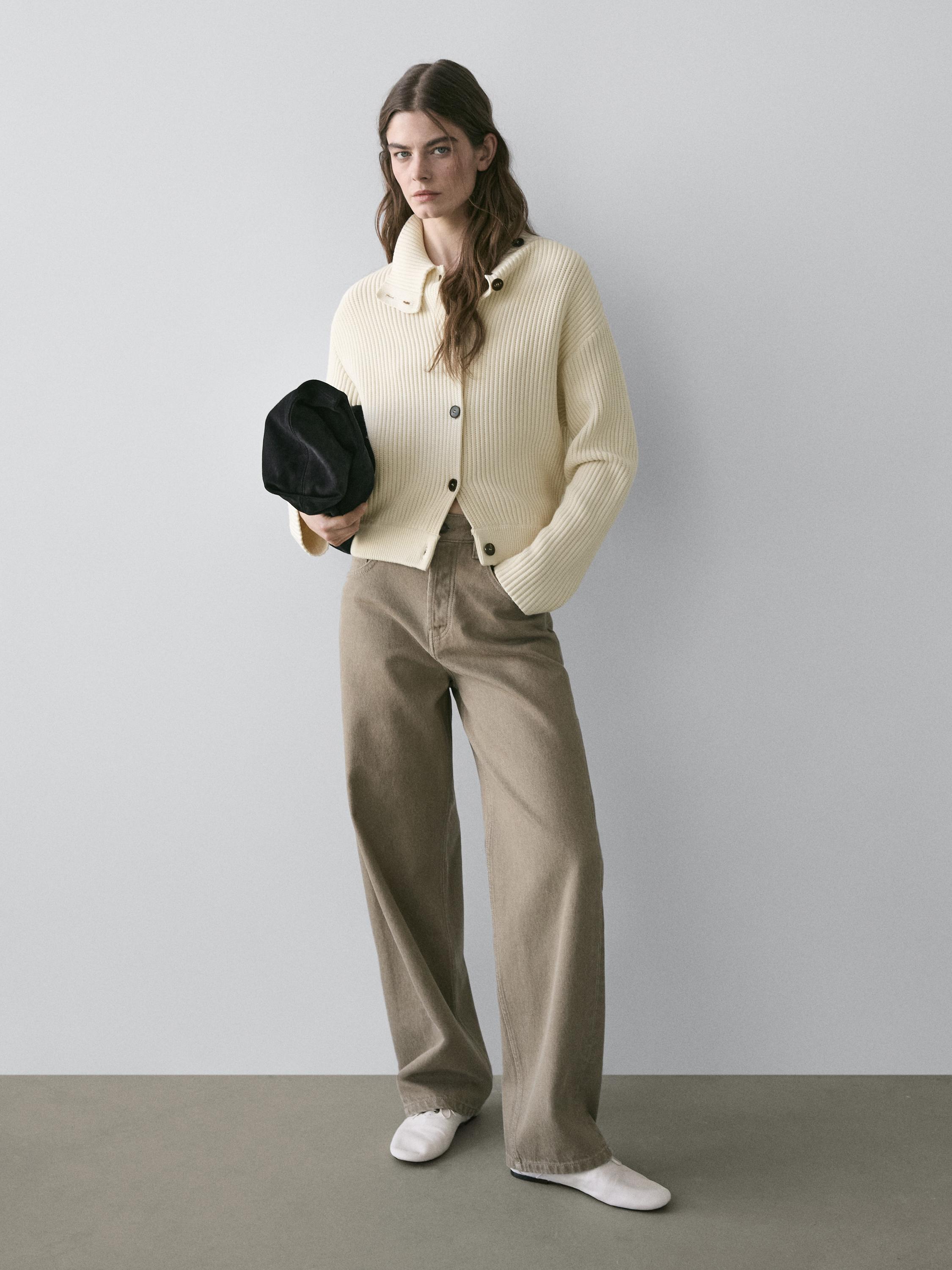 High-neck cotton knit cardigan