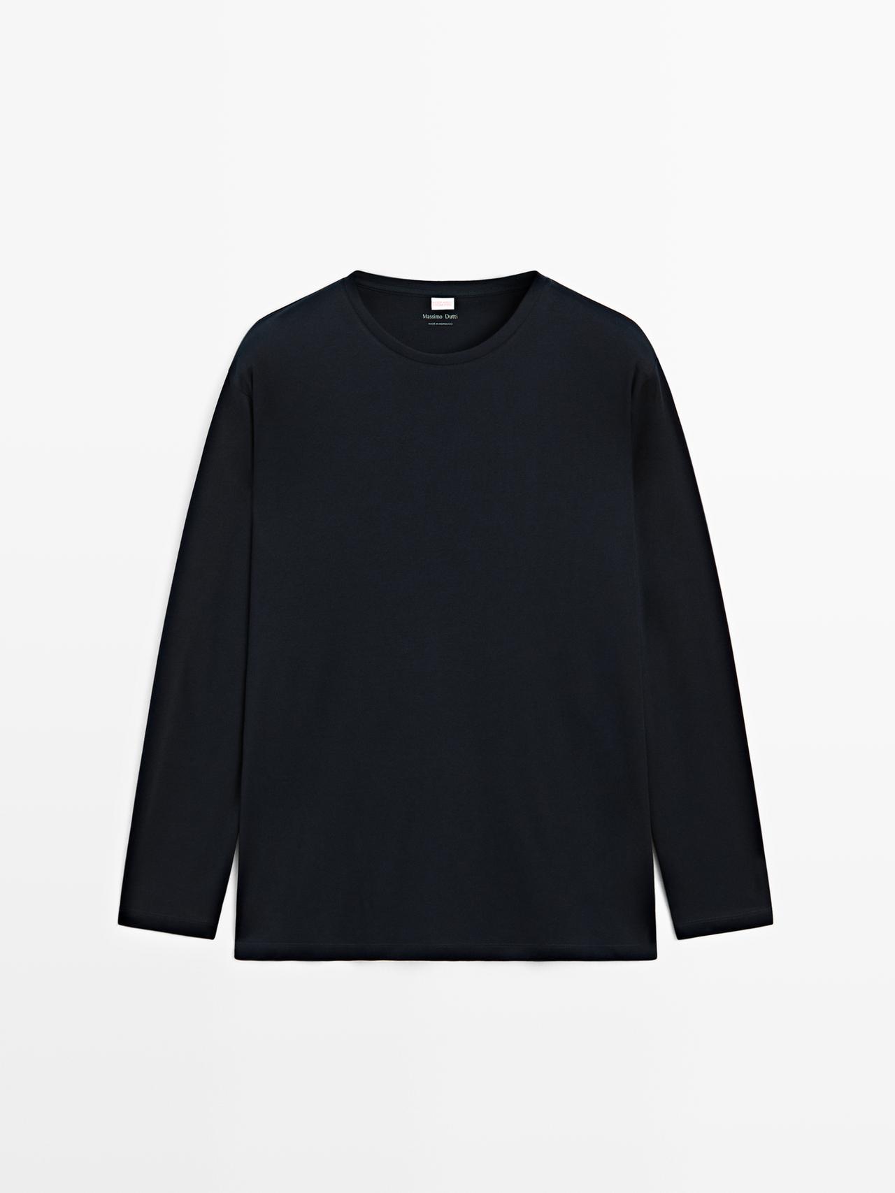 Massimo Dutti - Herre - Stribet Pyjamas I 100% Bomuld Med Langærmet T-Shirt - Blå - Xl