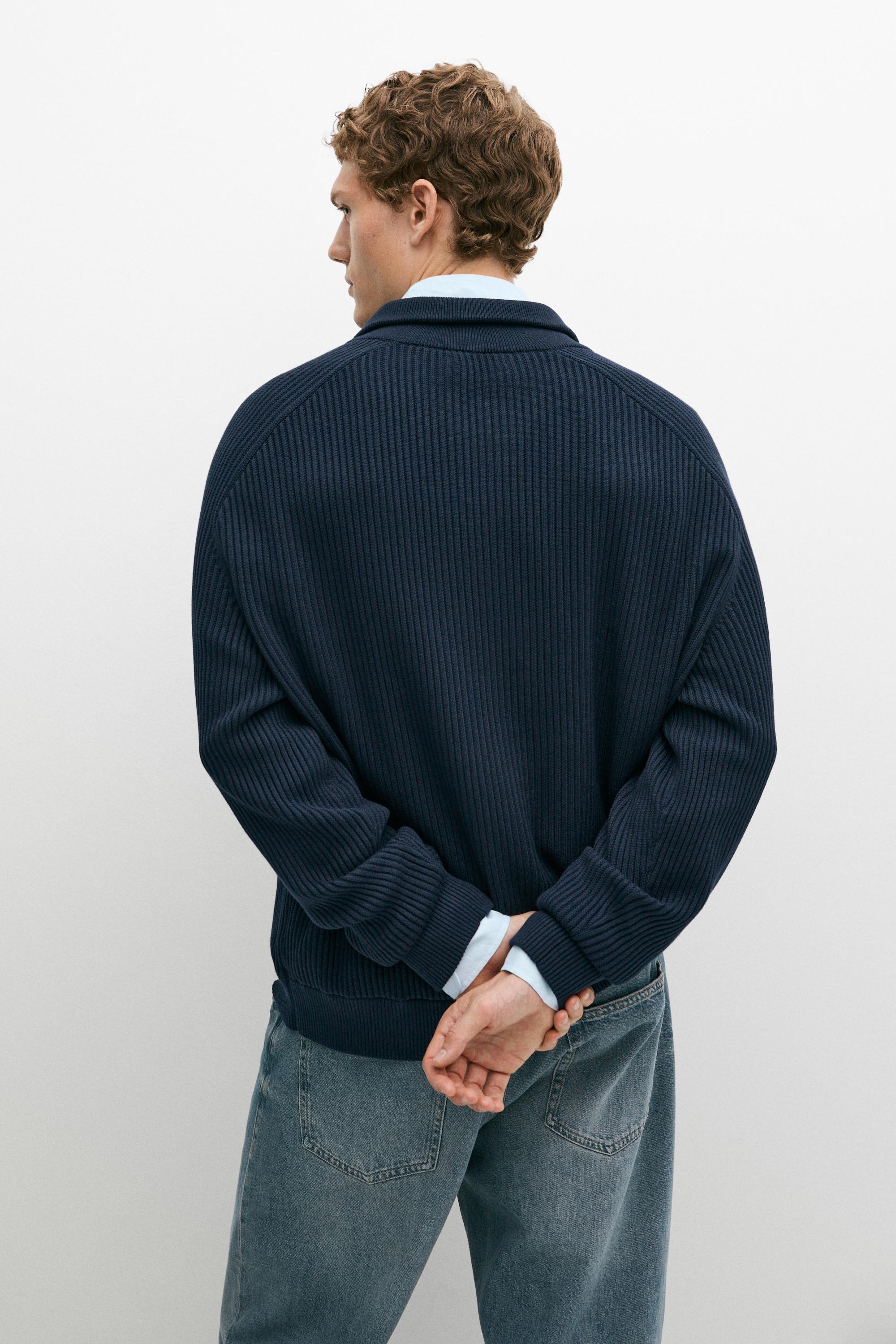 100% cotton ribbed knit cardigan — Dark Blue