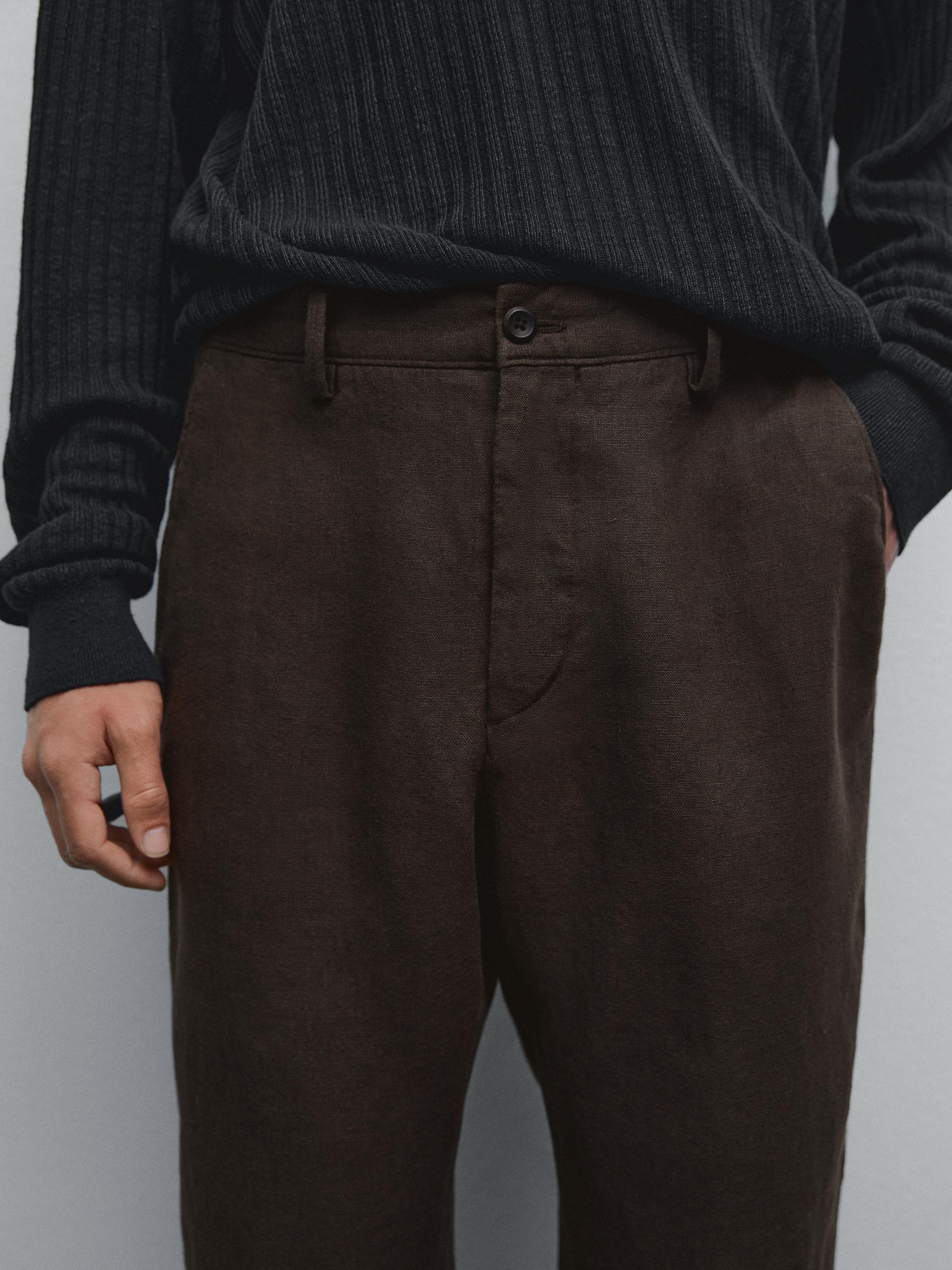 100% linen straight-leg trousers