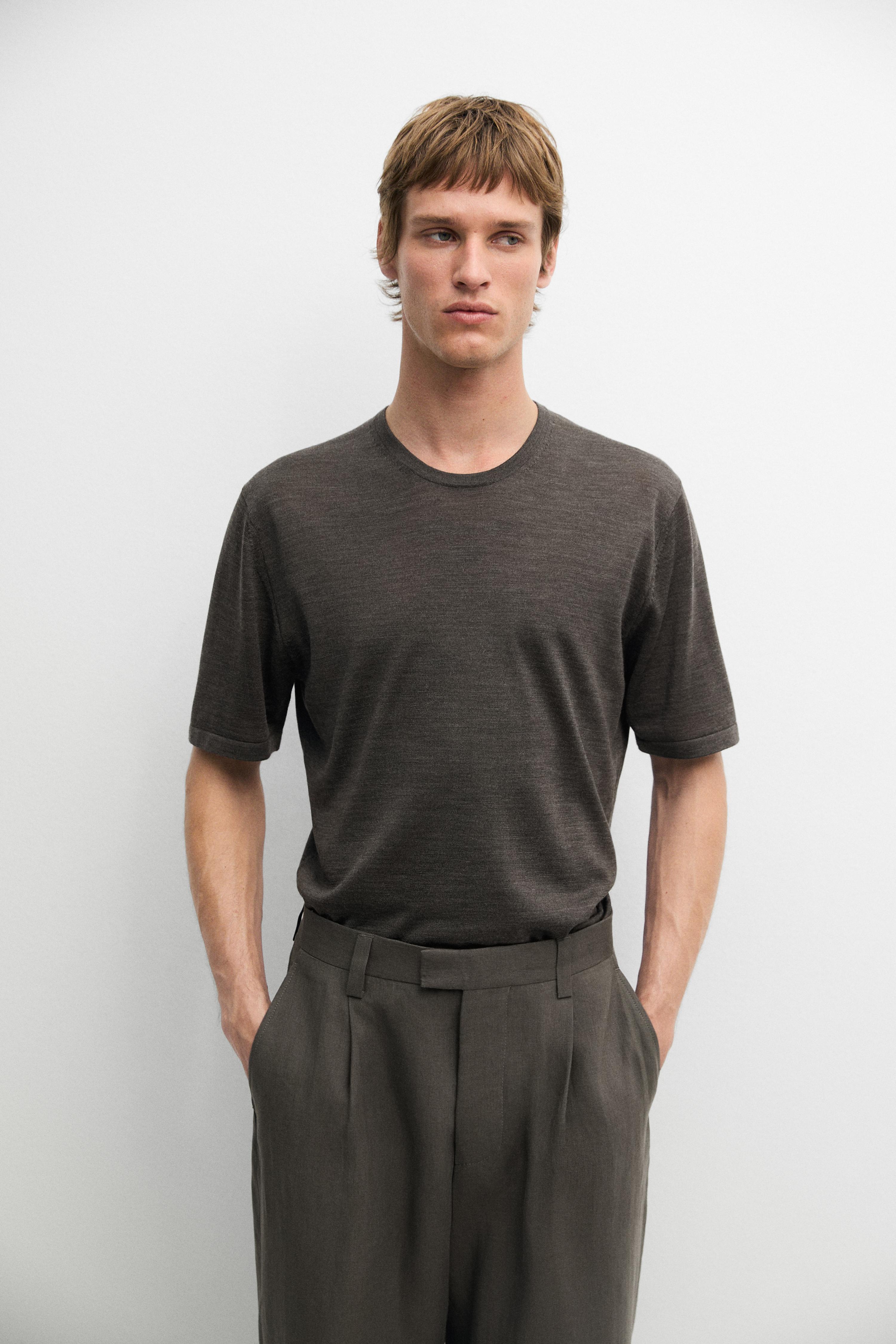 Wool-blend short-sleeve knit sweater — Greyish green