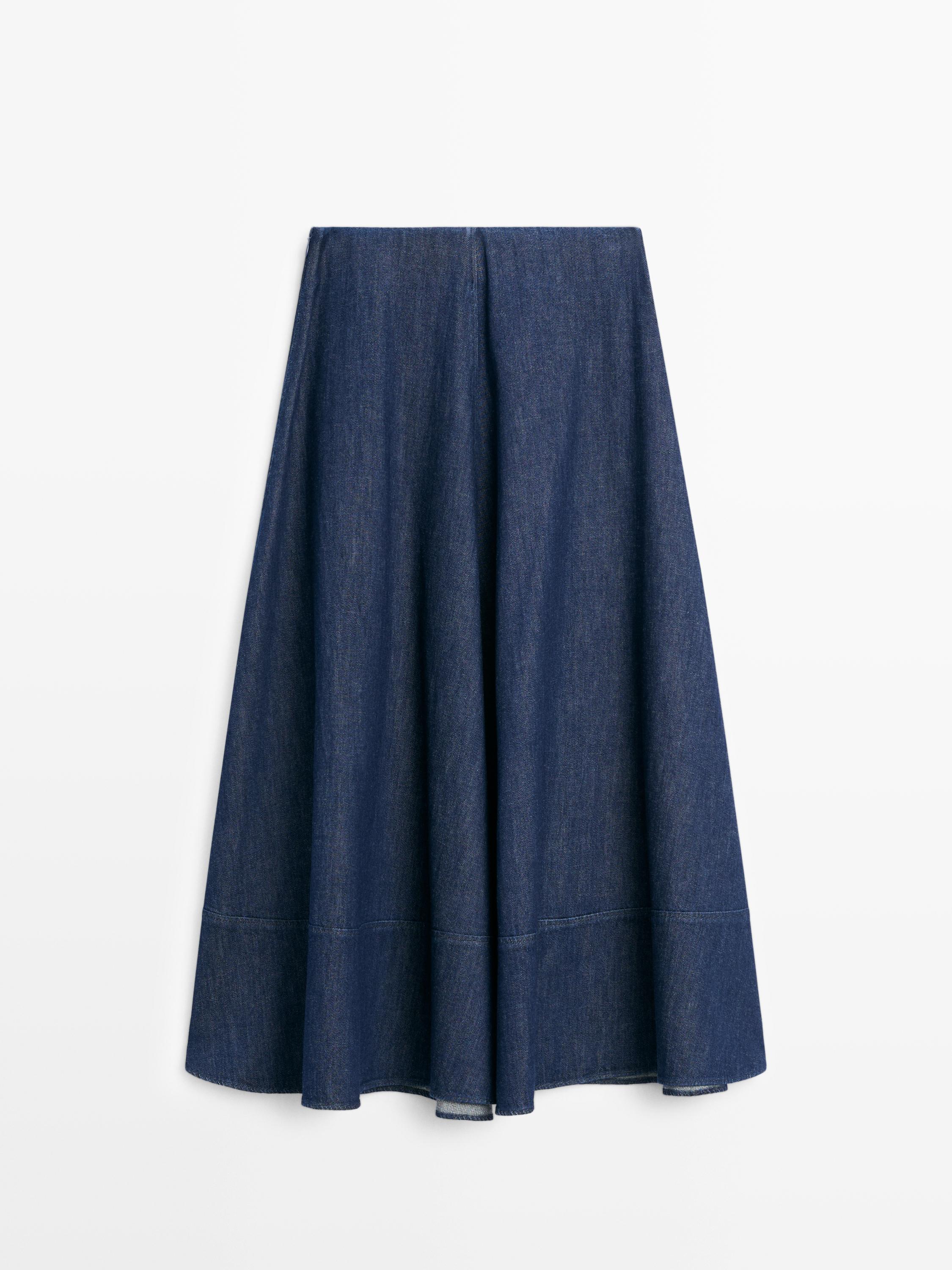 Cotton blend denim midi skirt