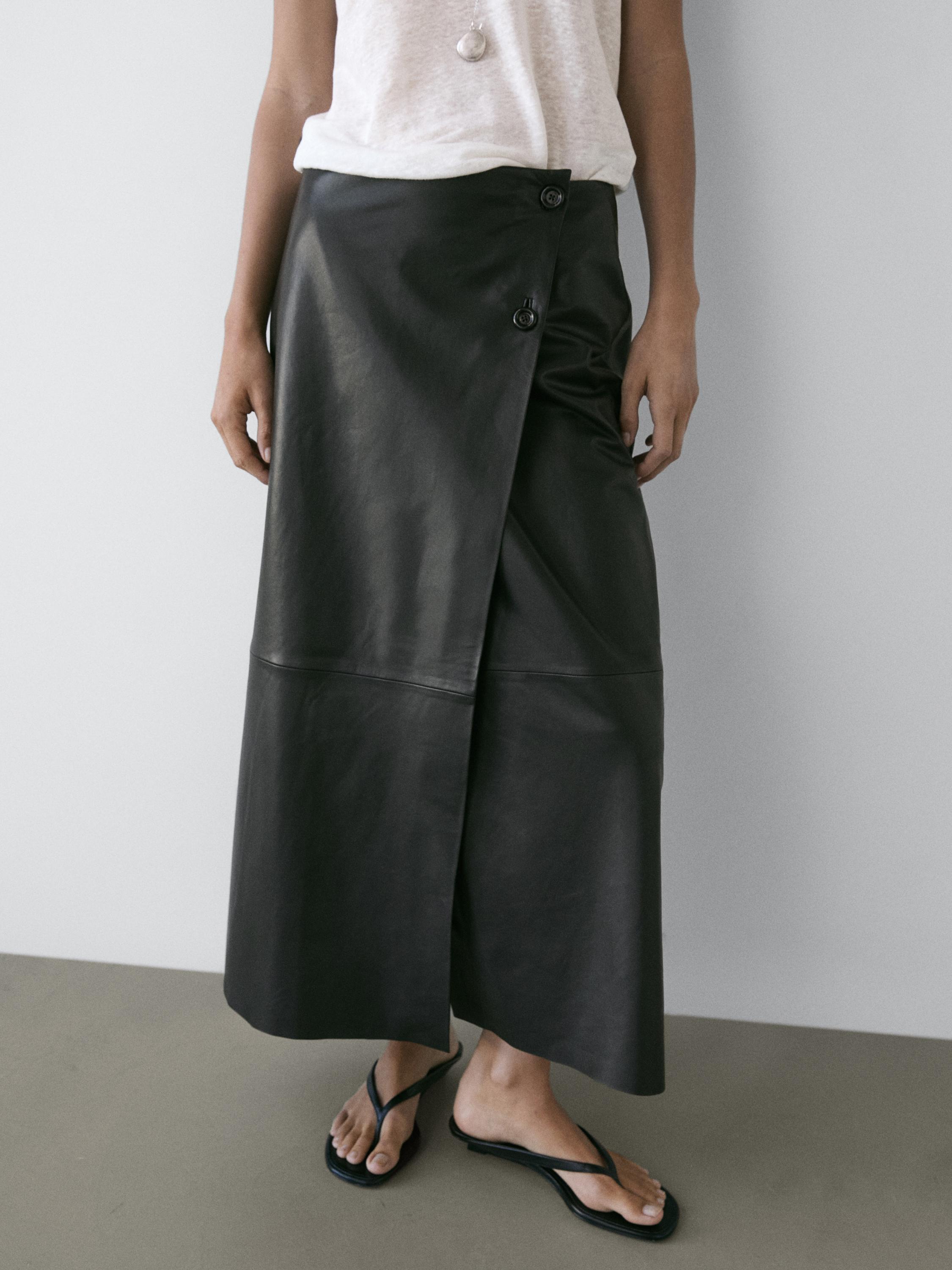 Nappa leather midi skirt with seams — BLACK