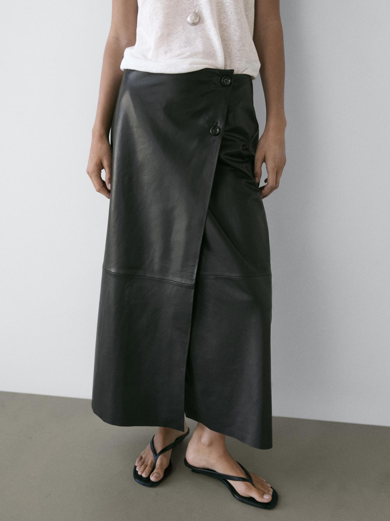 Nappa leather midi skirt with seams — BLACK
