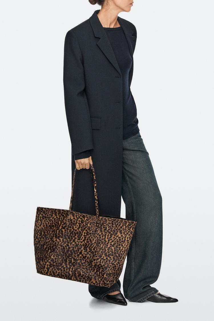 Large leather tote bag with fur — ECRU