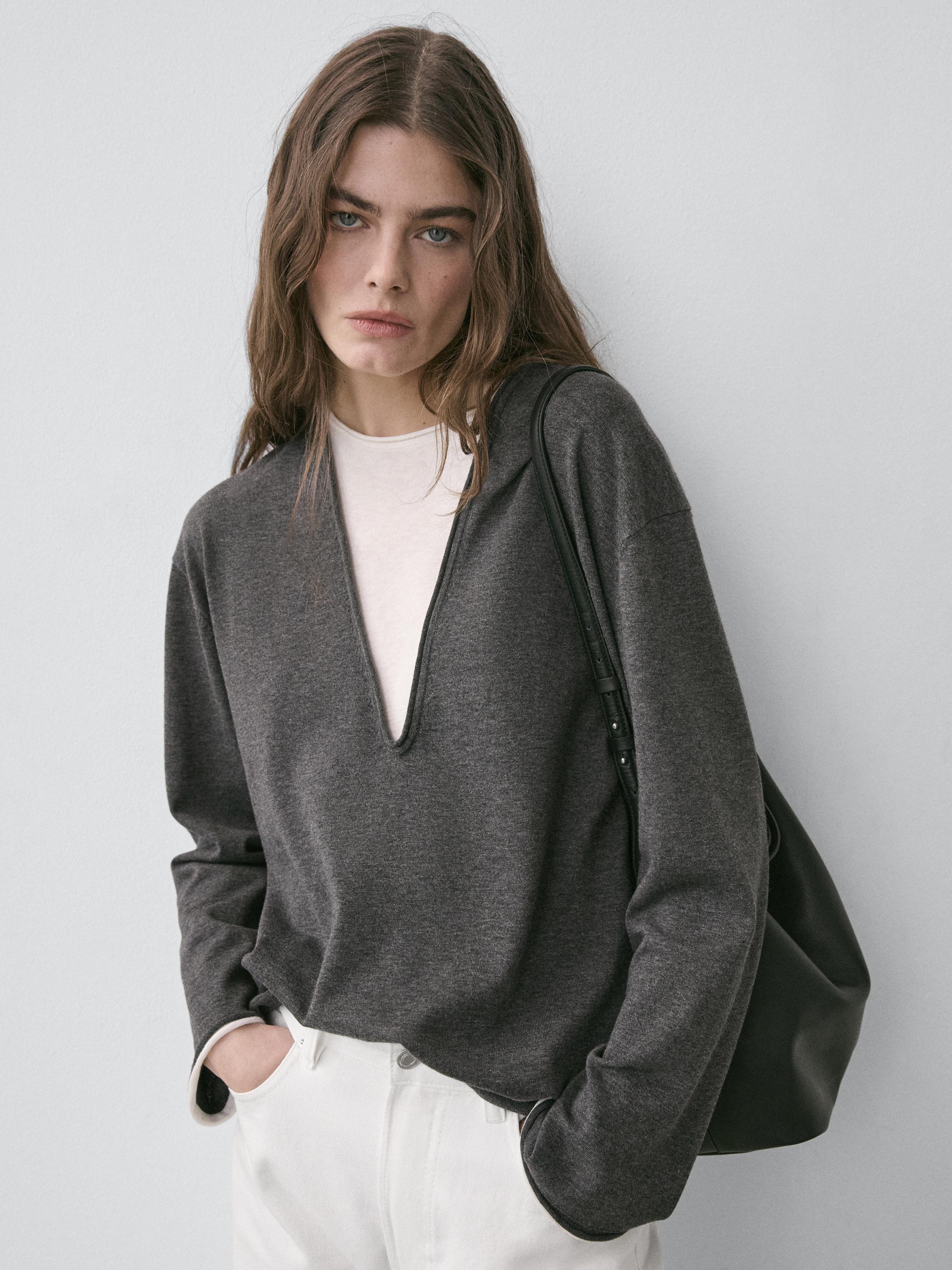 Cotton blend knit sweater with contrast fabric — CHARCOAL
