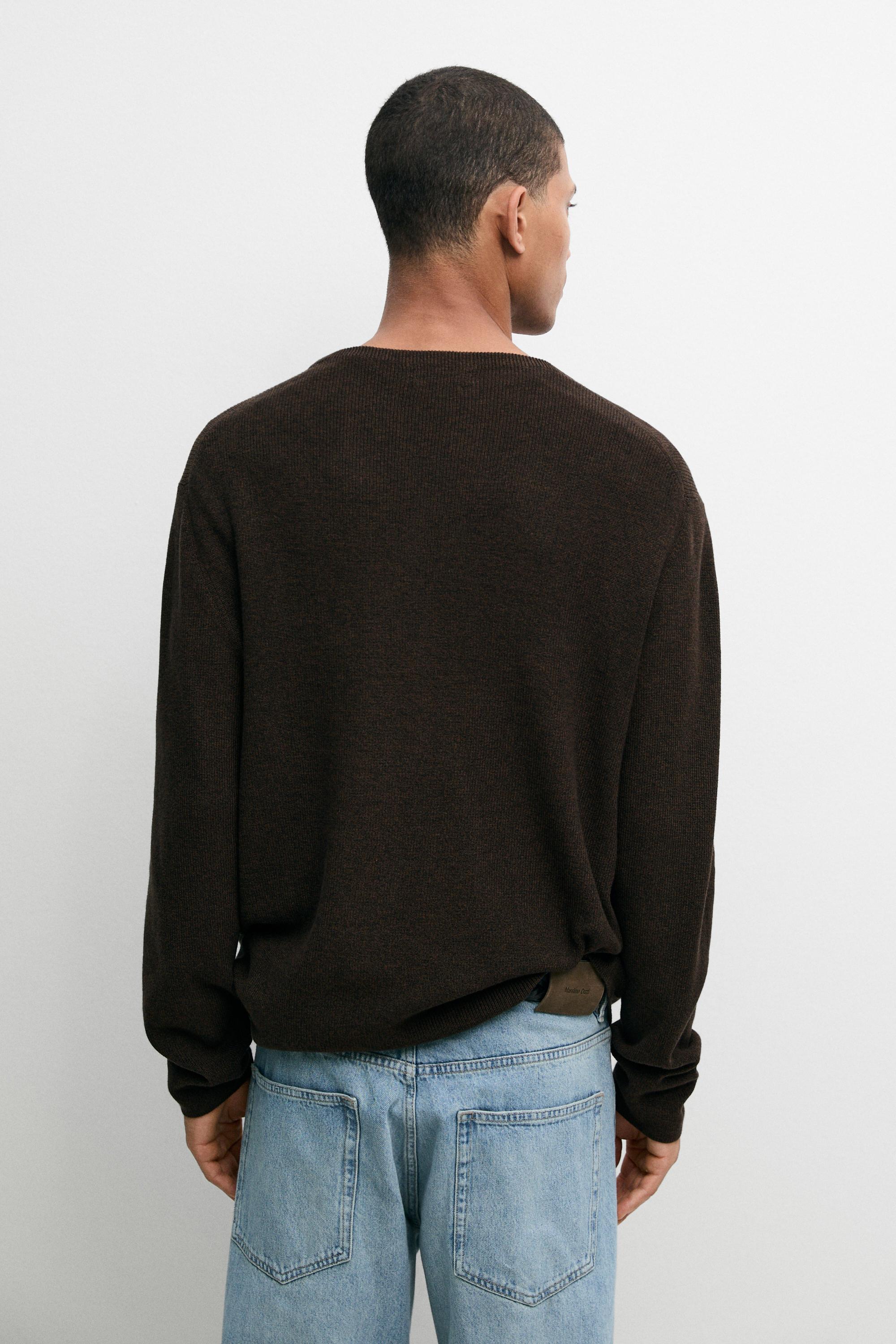 100% cotton mouliné round neck sweater — BROWN