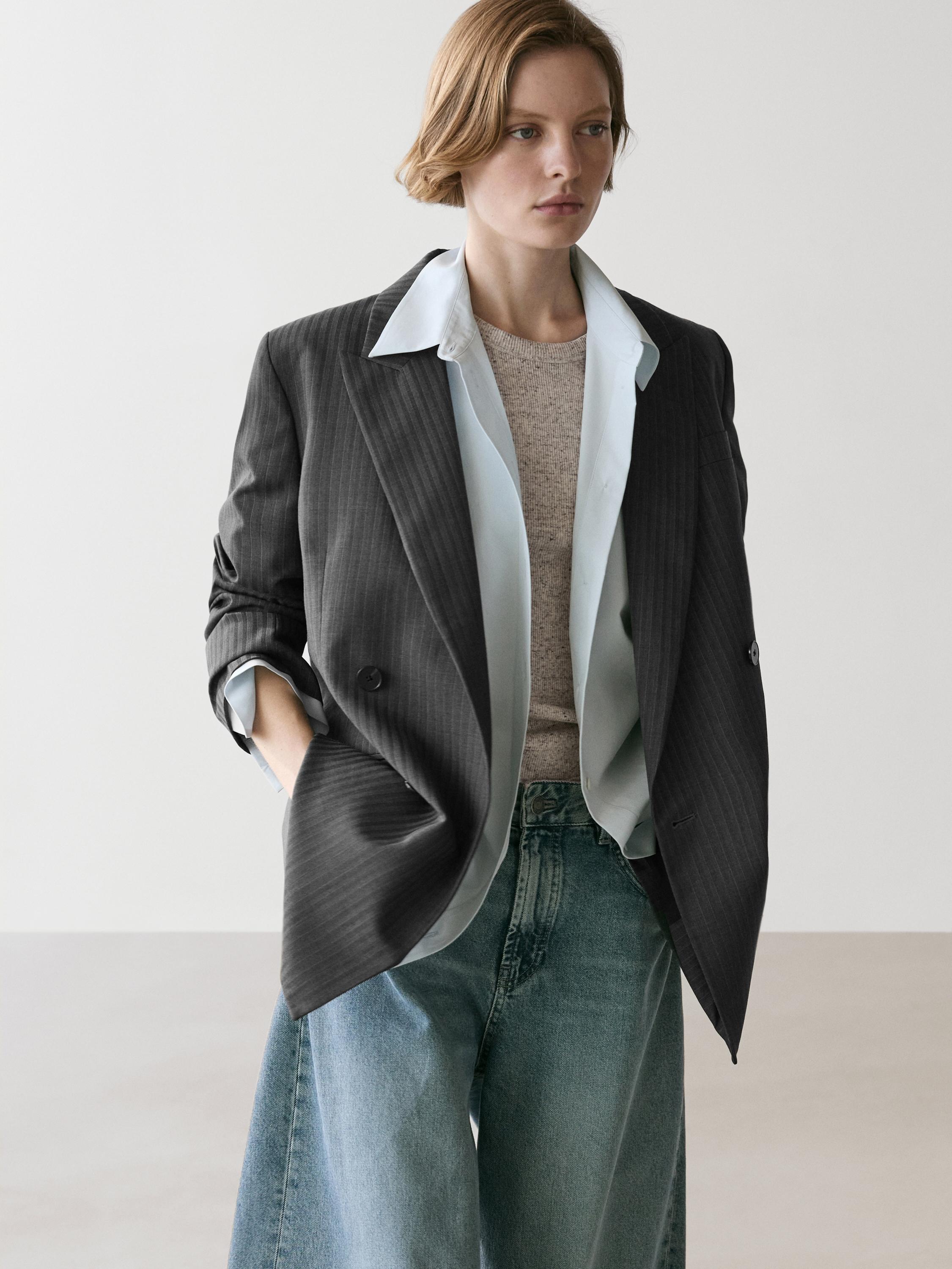 Pinstripe cool wool blend suit blazer — GREY