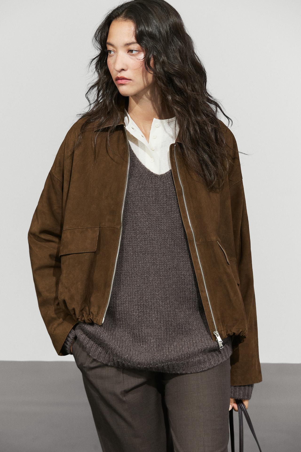 Oversize suede leather bomber jacket — BROWN