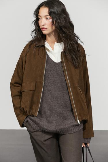 Oversize suede leather bomber jacket — BROWN 3
