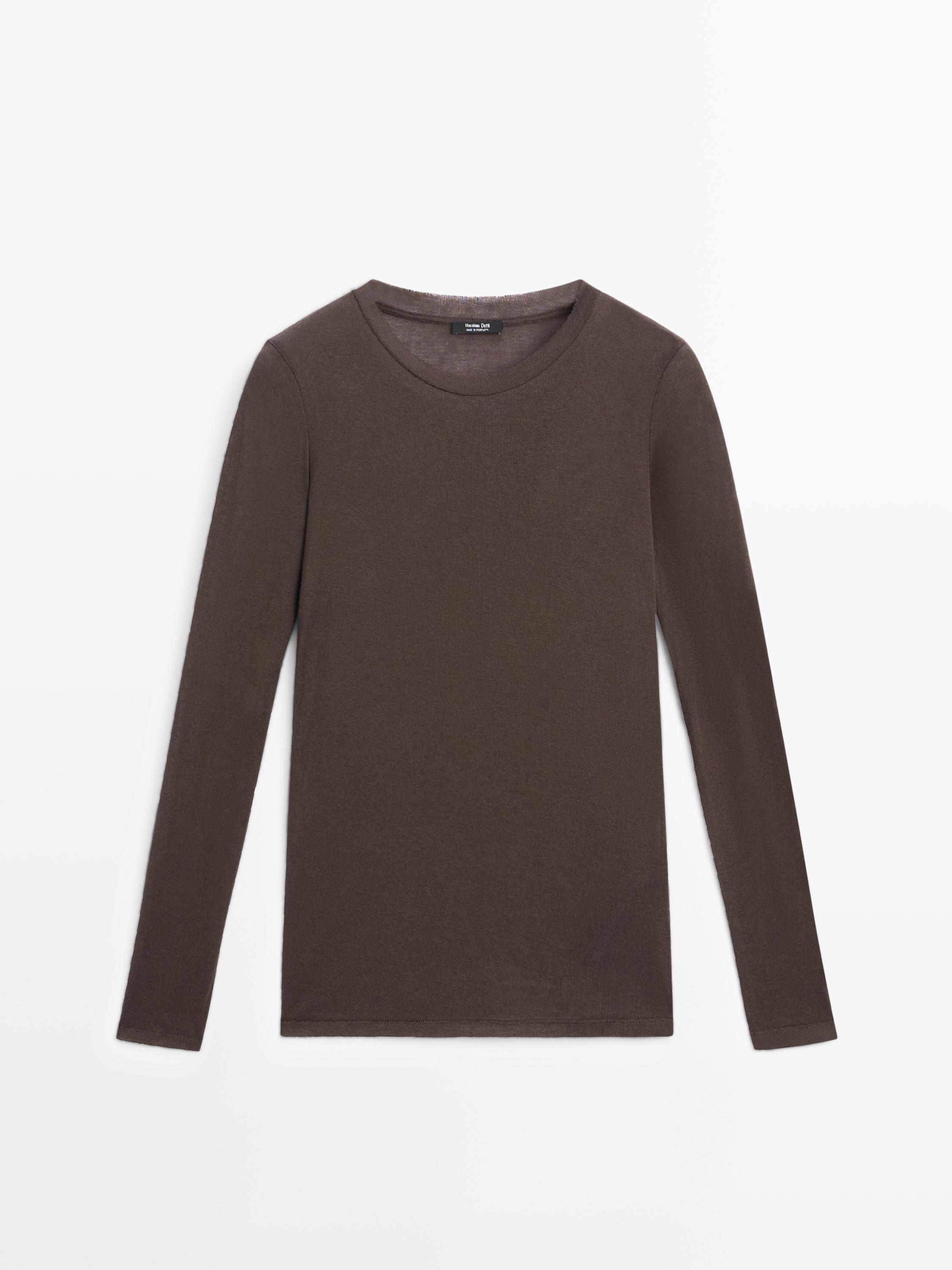 100% cotton semi-sheer T-shirt with collar detail — BROWN