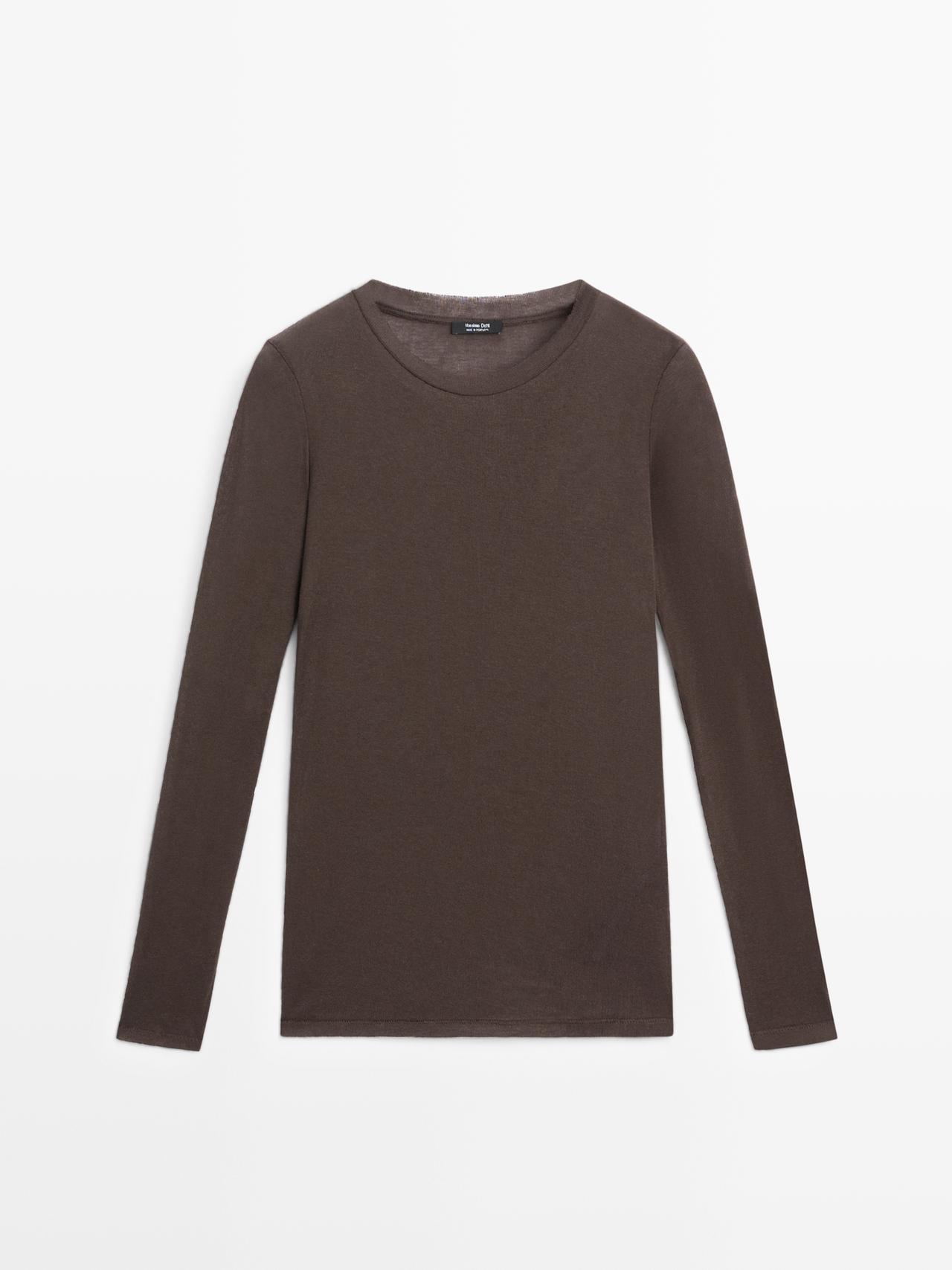 Massimo Dutti - Dame - T-Shirt I 100% Bomuld Halvgennemsigtig Med Kravedetalje - Brun - M