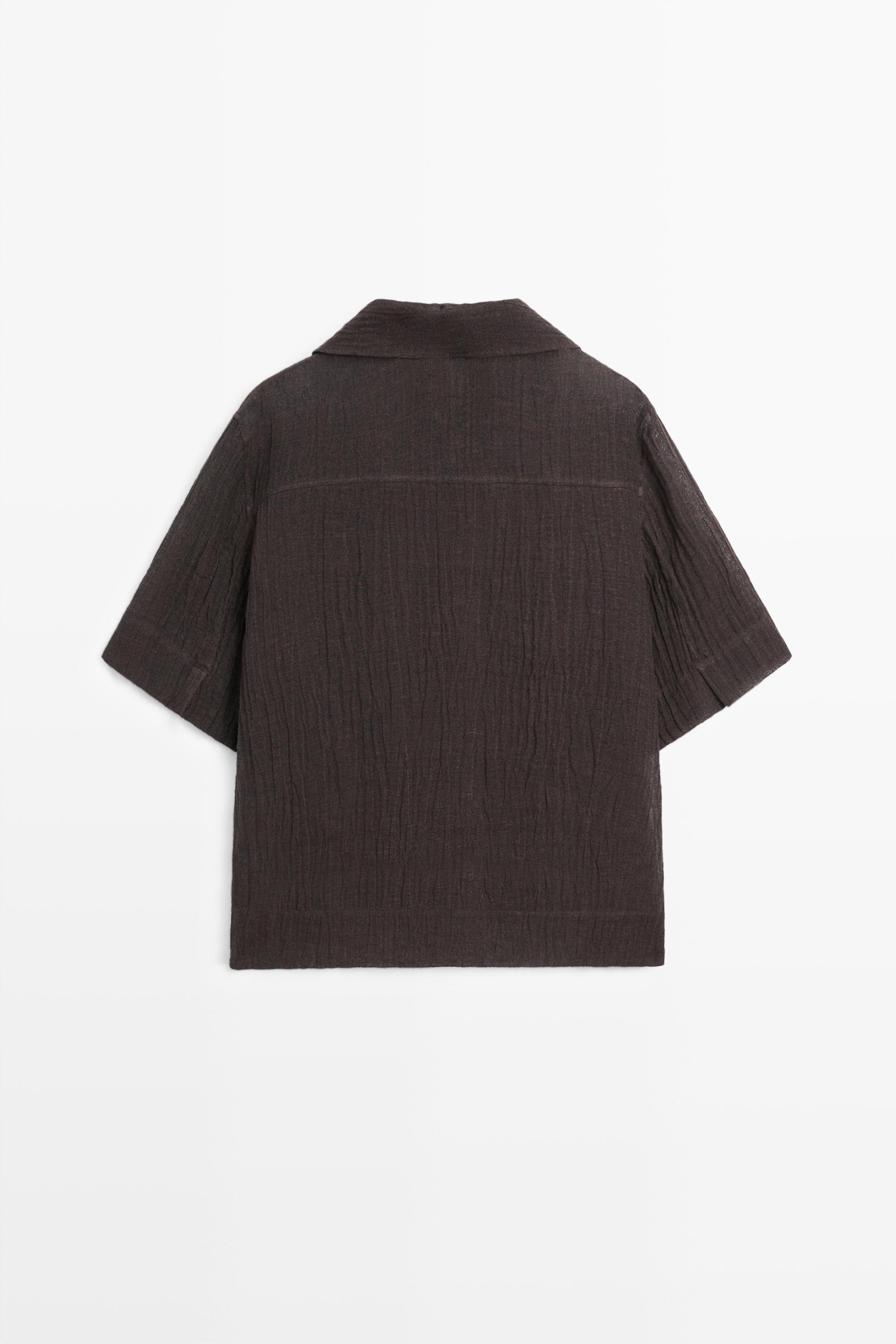 Flowing linen blend polo blouse — BROWN