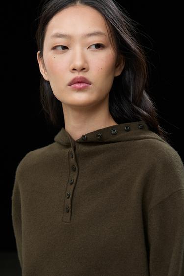 Hooded knit sweater with button detail — KHAKI 8