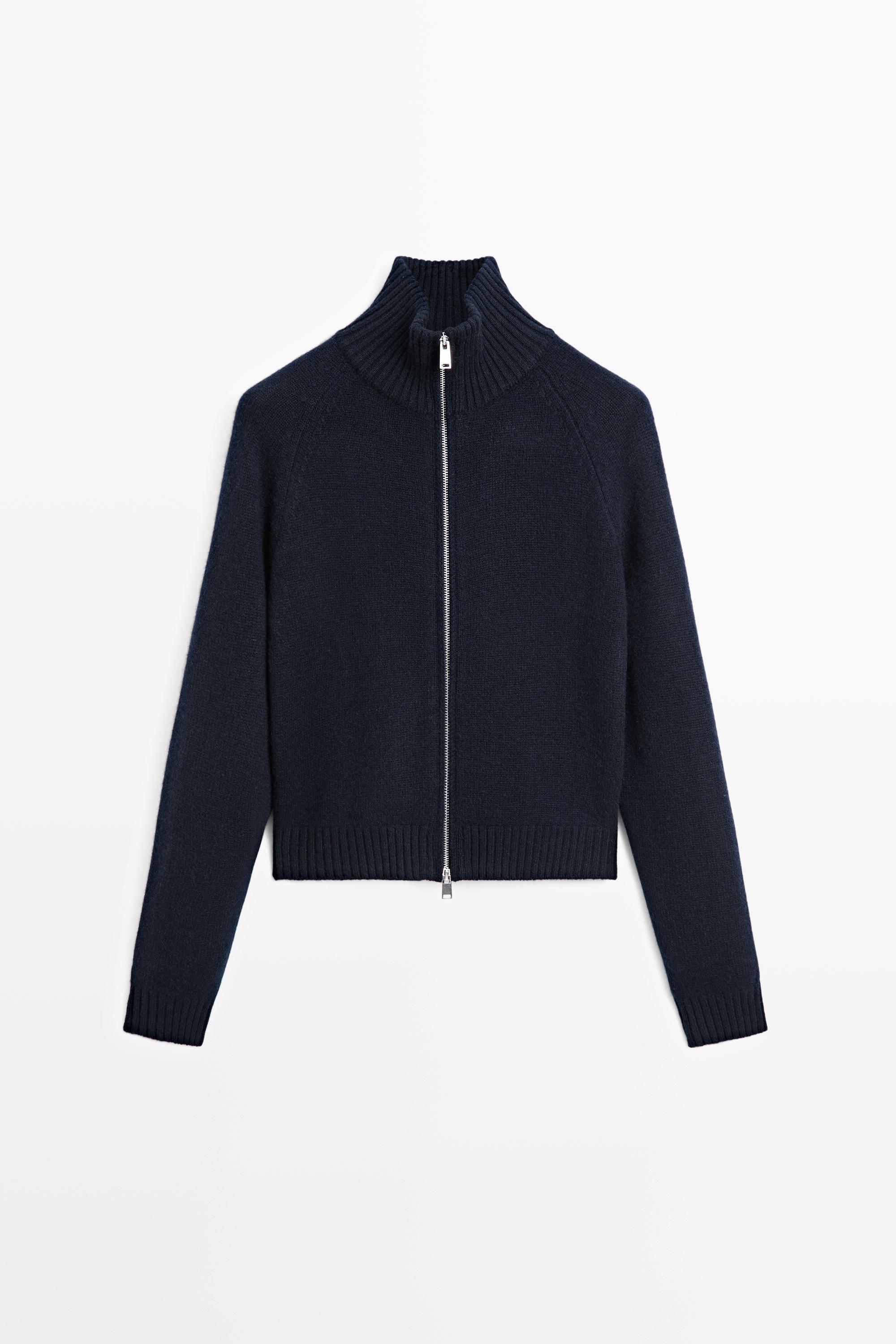 100% cashmere zip knit cardigan — NAVY BLUE