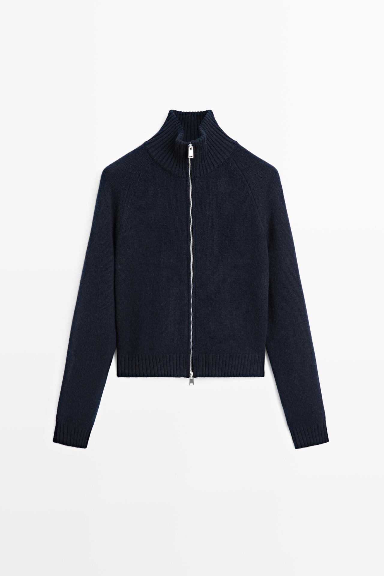 100% cashmere zip knit cardigan — NAVY BLUE
