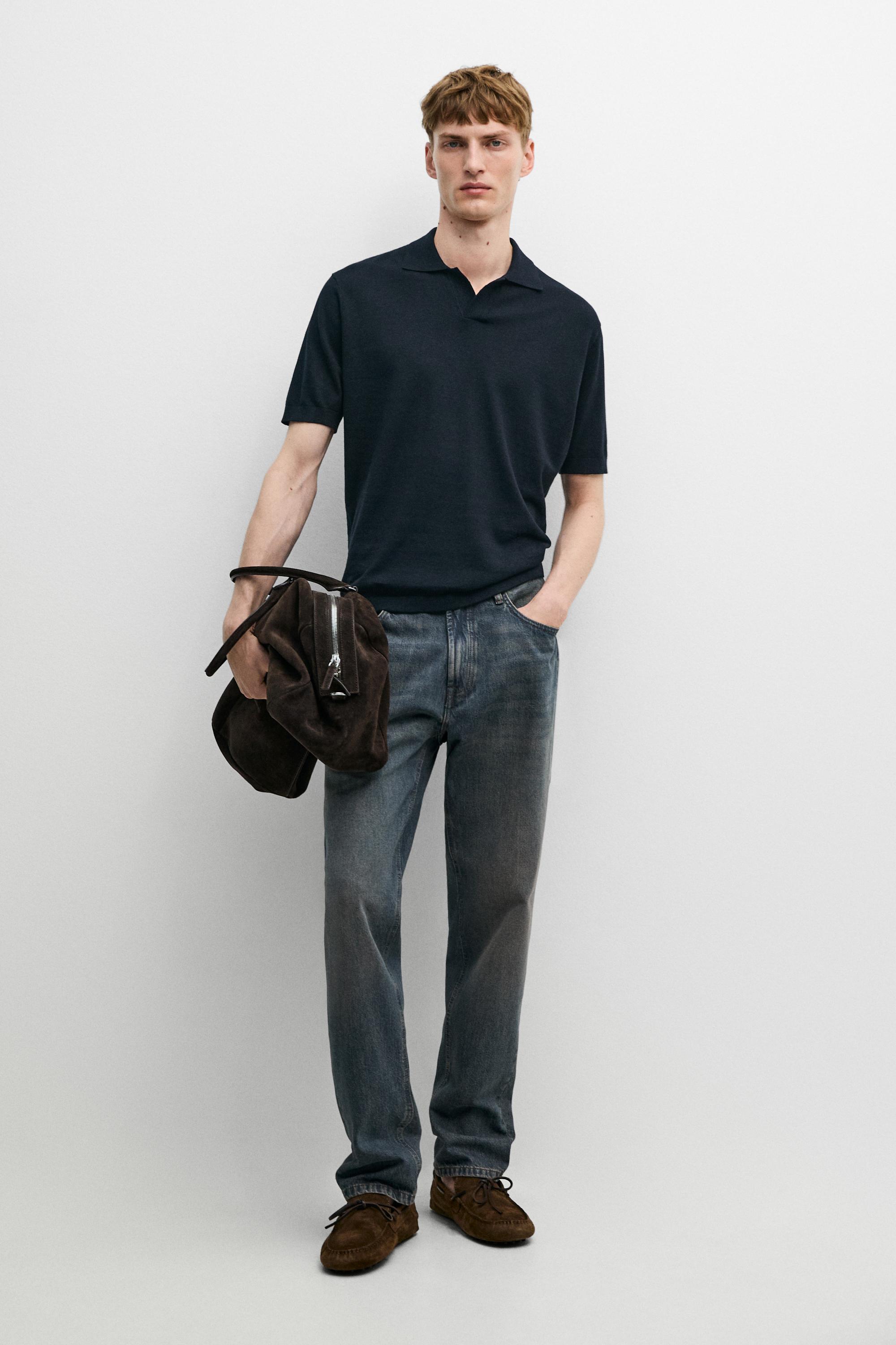 Cotton and linen knit polo sweater — NAVY BLUE