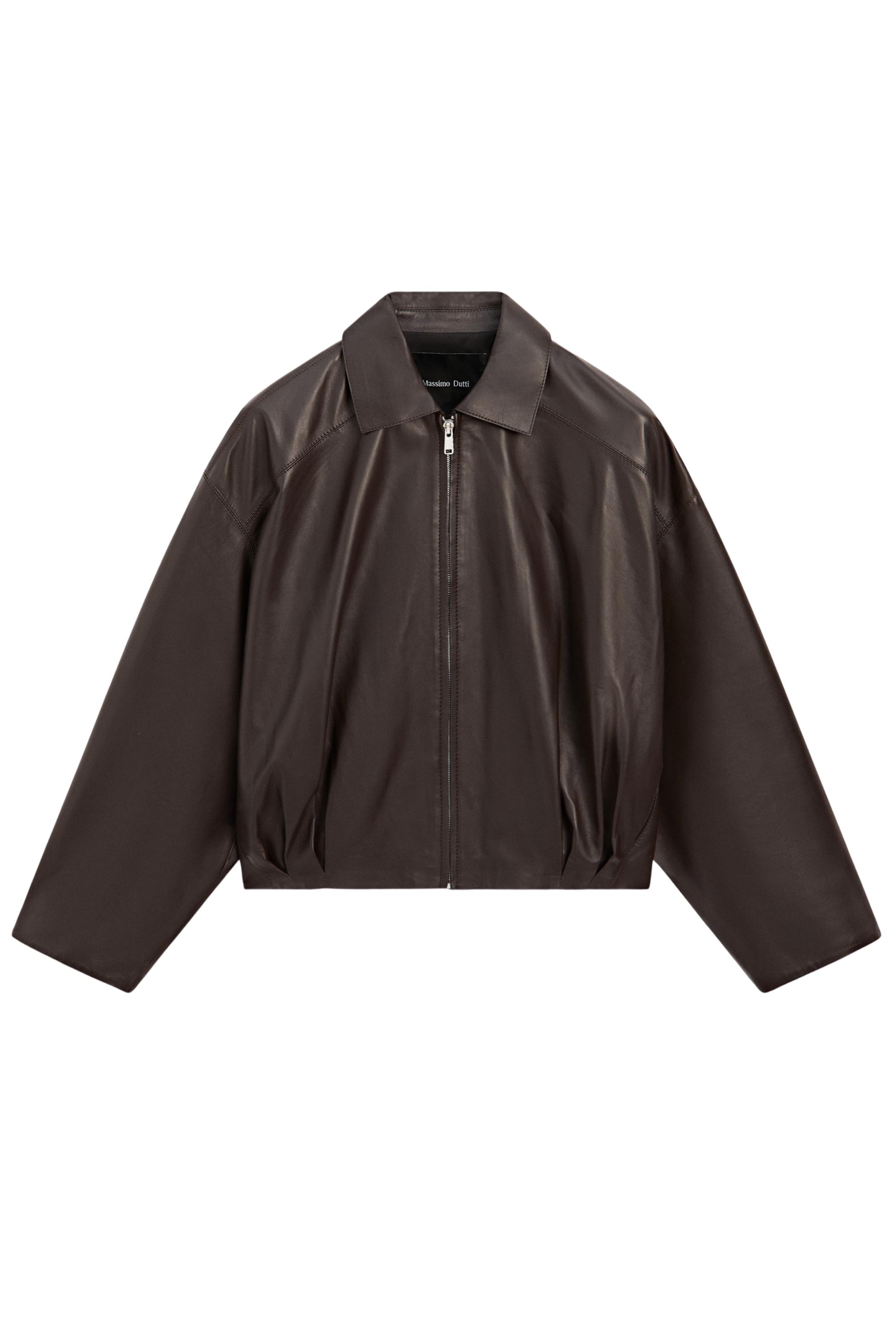 Nappa leather bomber jacket with pleat detail — BROWN