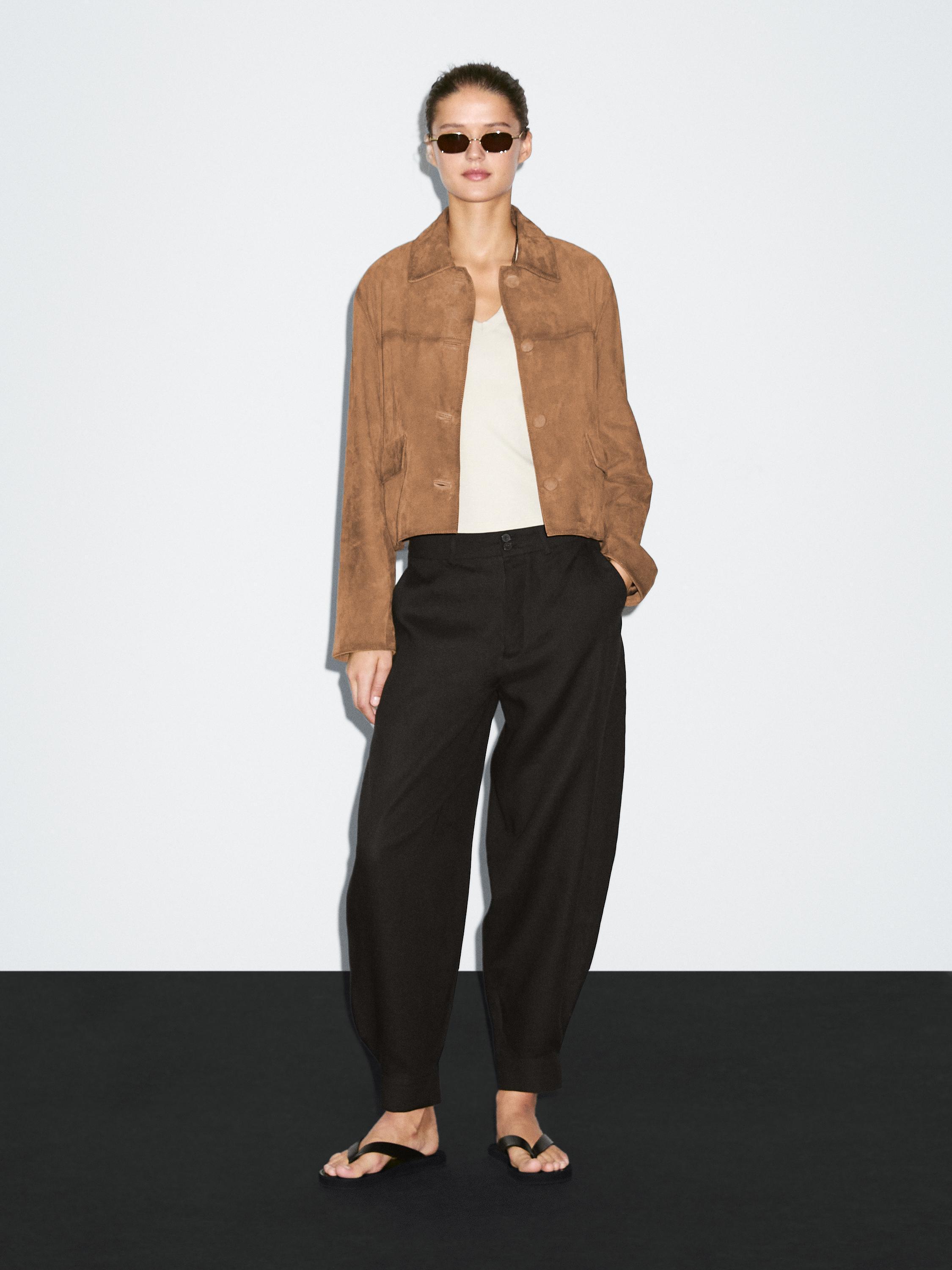 Blouson en cuir finition daim avec boutons doublés