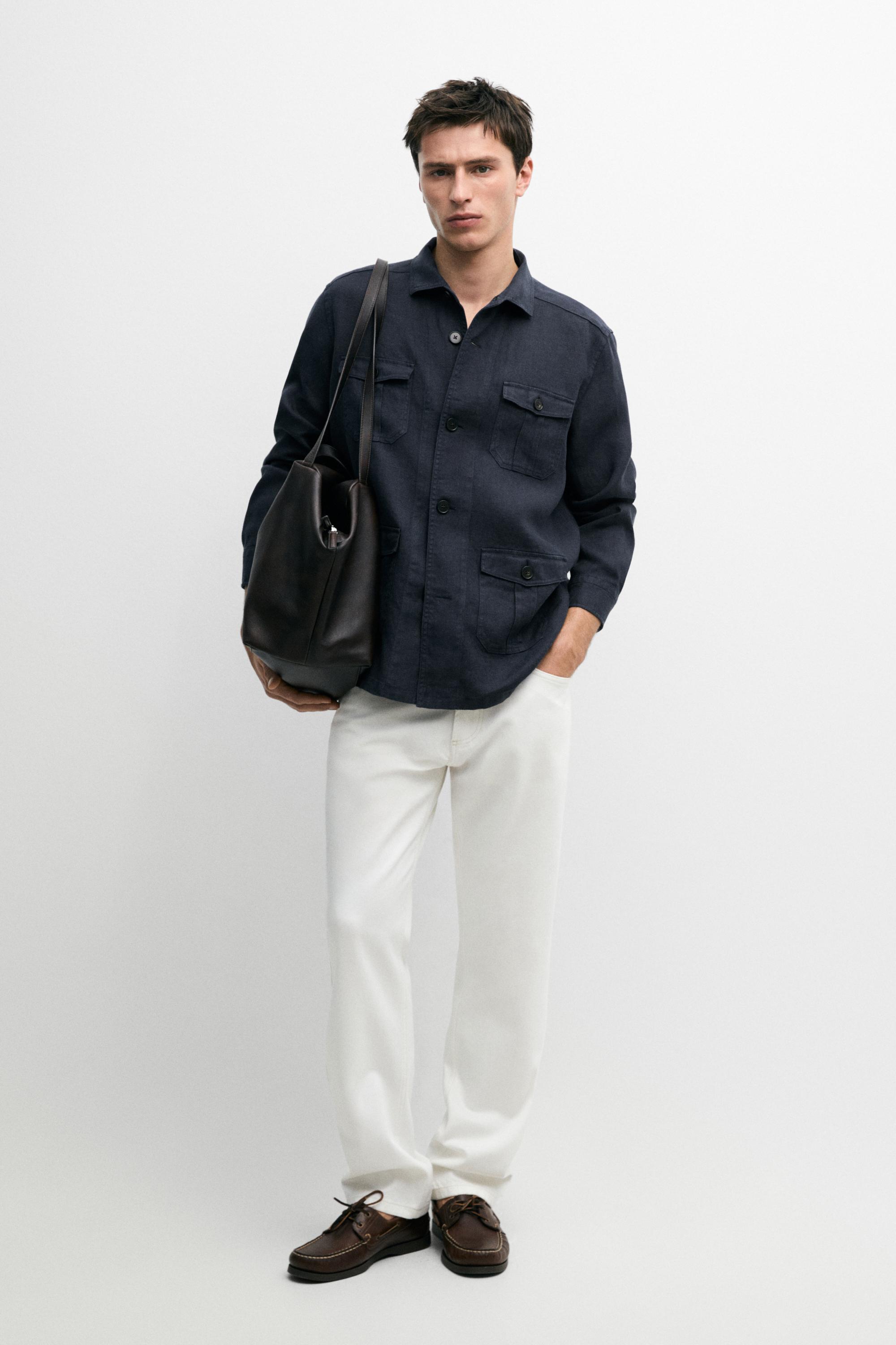 Heavy linen overshirt with pocket details — NAVY BLUE