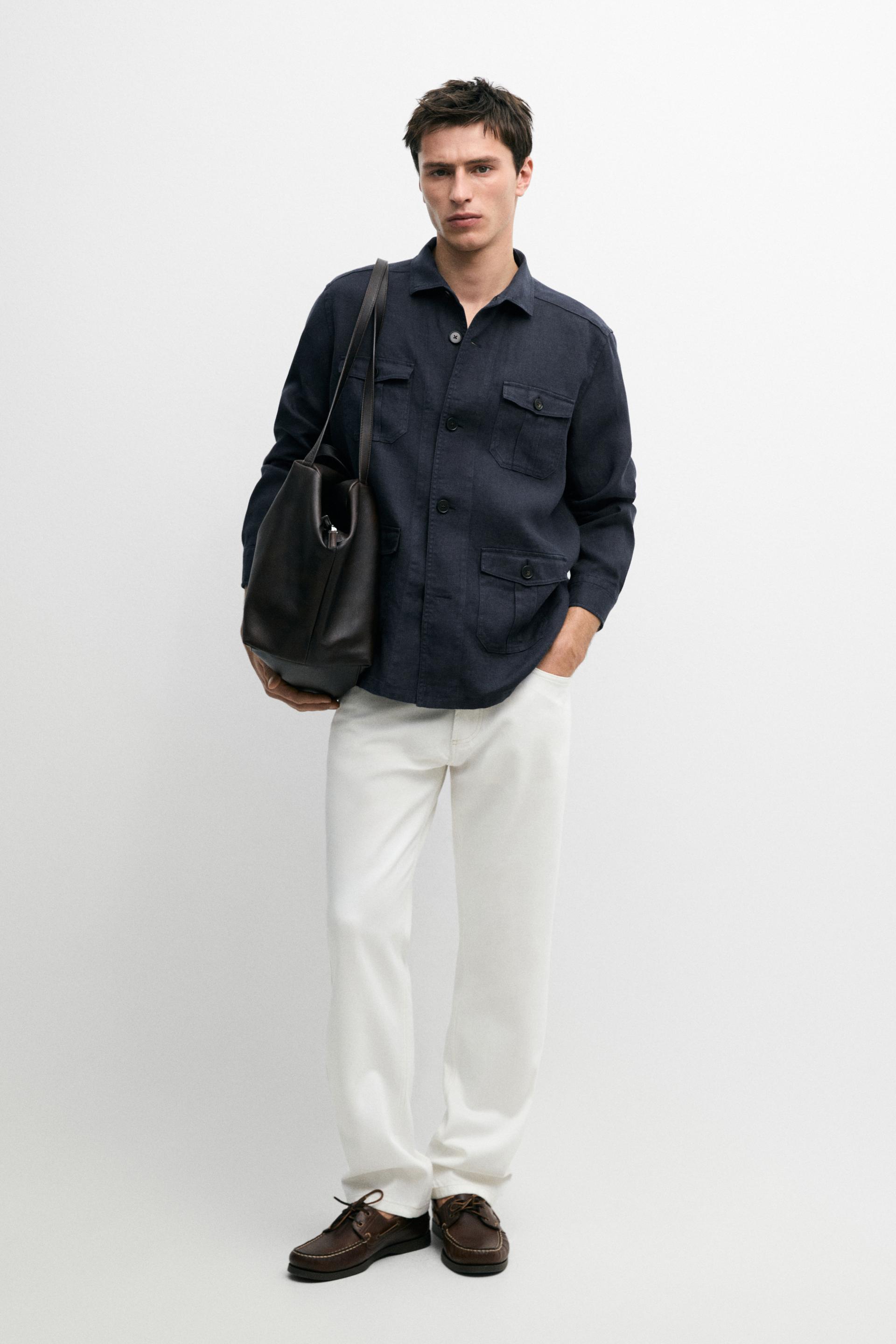 Giacca Camicia Con Tasche In Lino Pesante - Verde - M - Massimo Dutti - Maschile