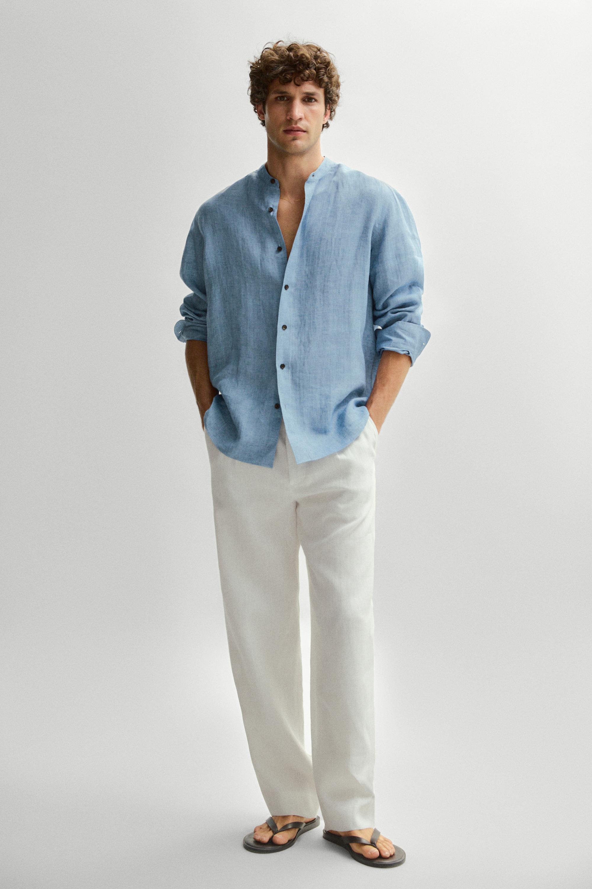 Regular fit contrast button 100% linen shirt — BLUE
