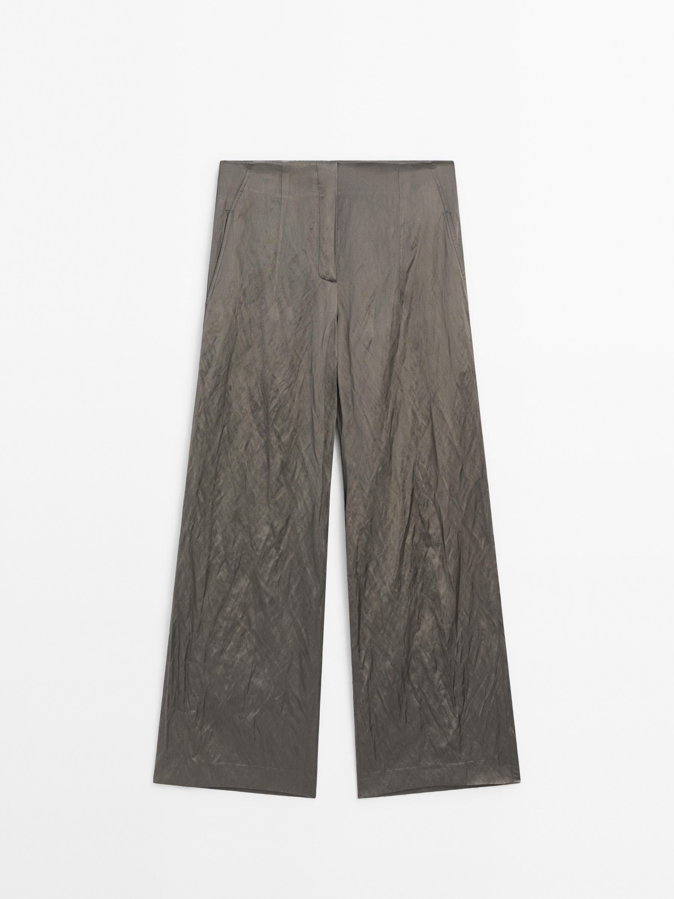 Wide-leg satin creased trousers