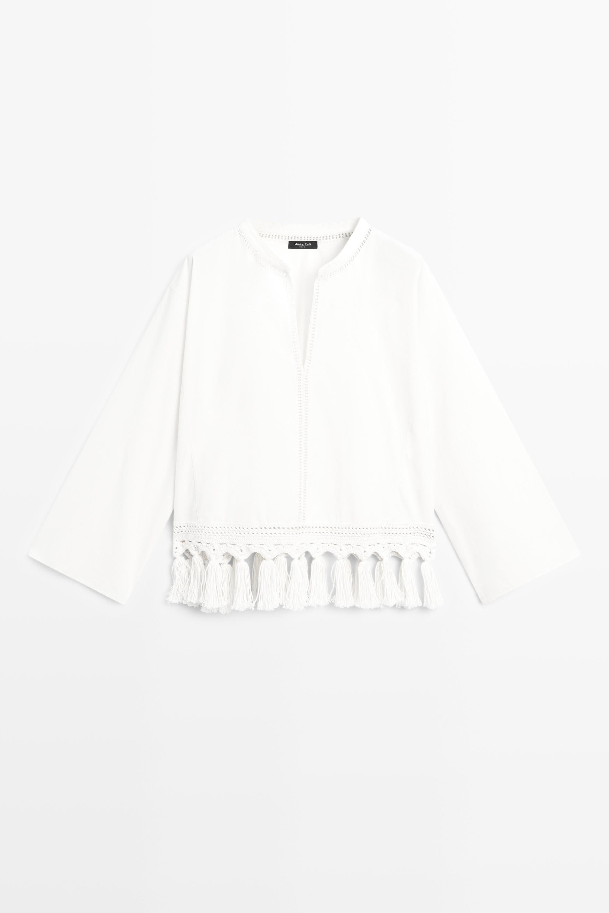 Embroidered blouse with fringed hem — WHITE
