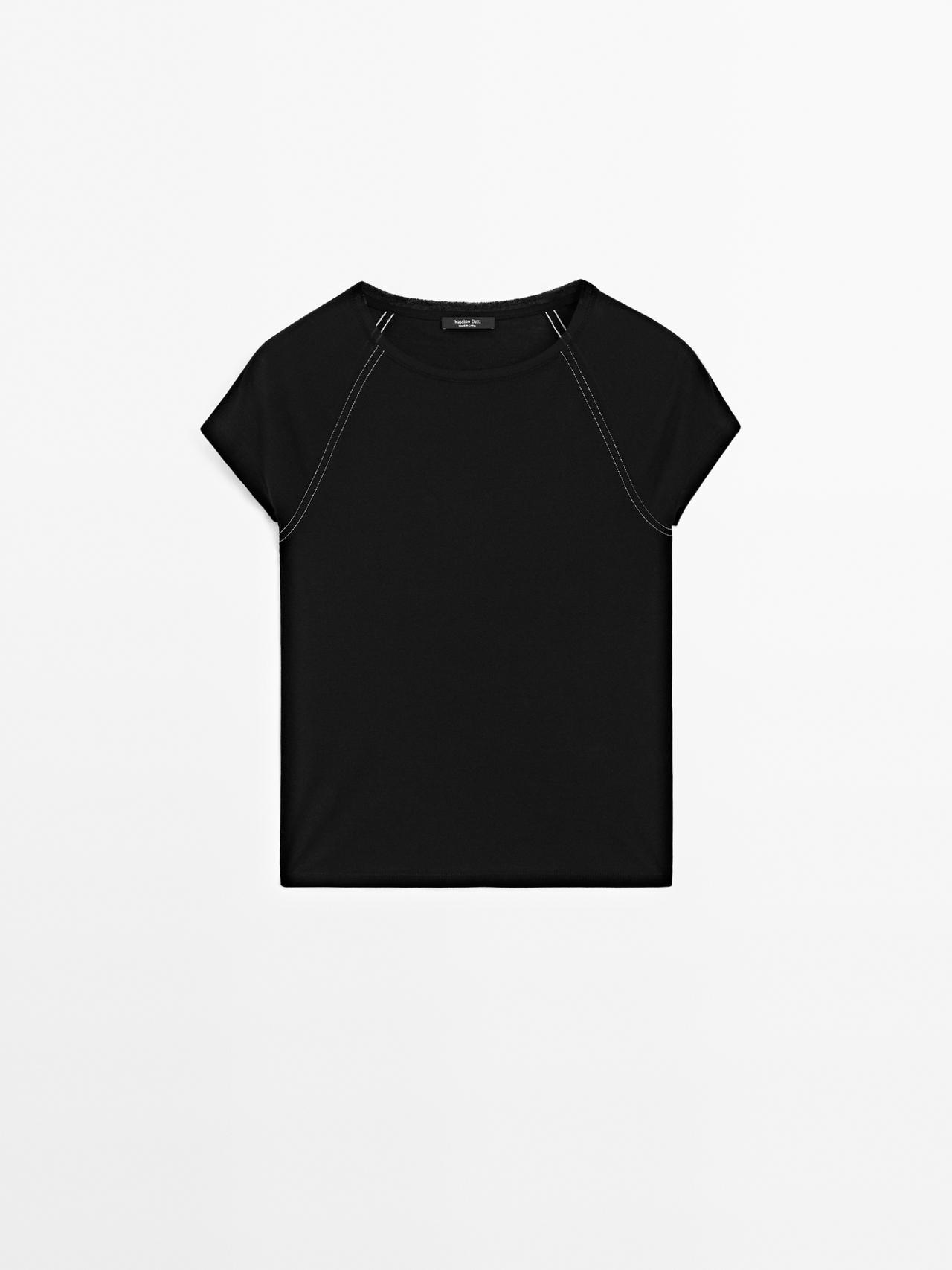Massimo Dutti - Dame - Kortærmet T-Shirt Med Kontrasterende Sømme - Sort - S
