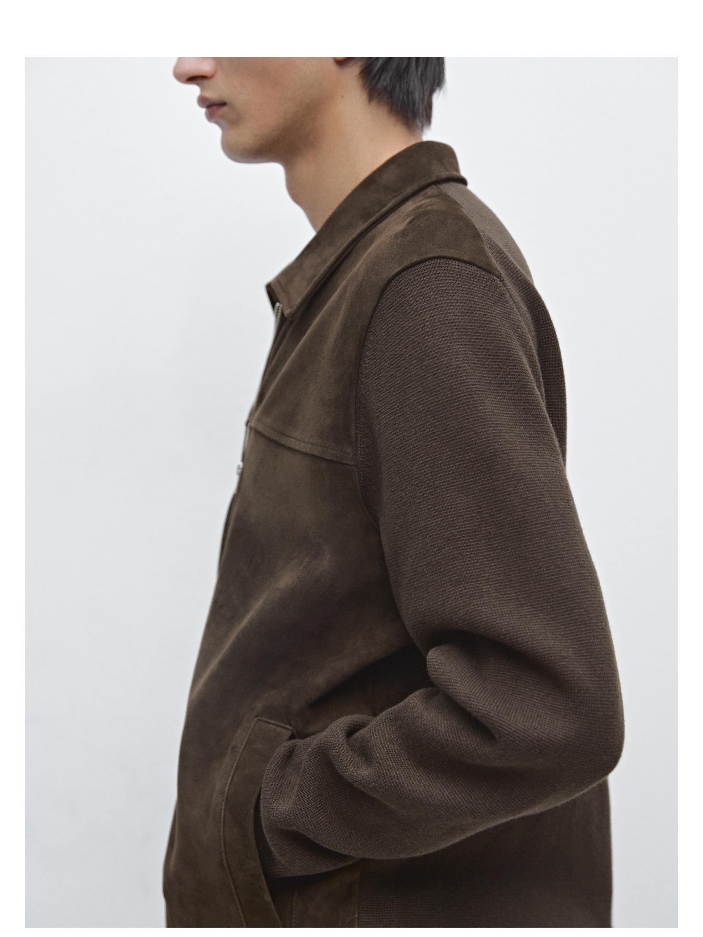 Contrast cotton and leather jacket — BROWN
