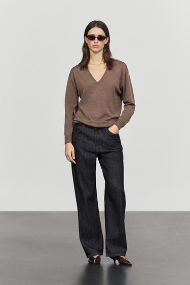 100% wool V-neck knit sweater — MOLE BROWN 8