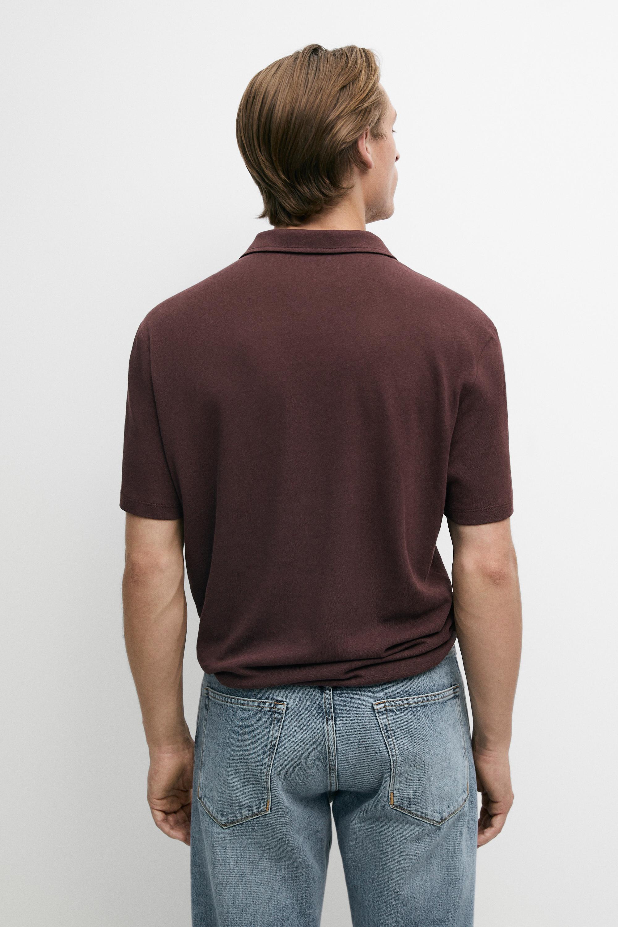 Linen and cotton short sleeve polo shirt — BURGUNDY