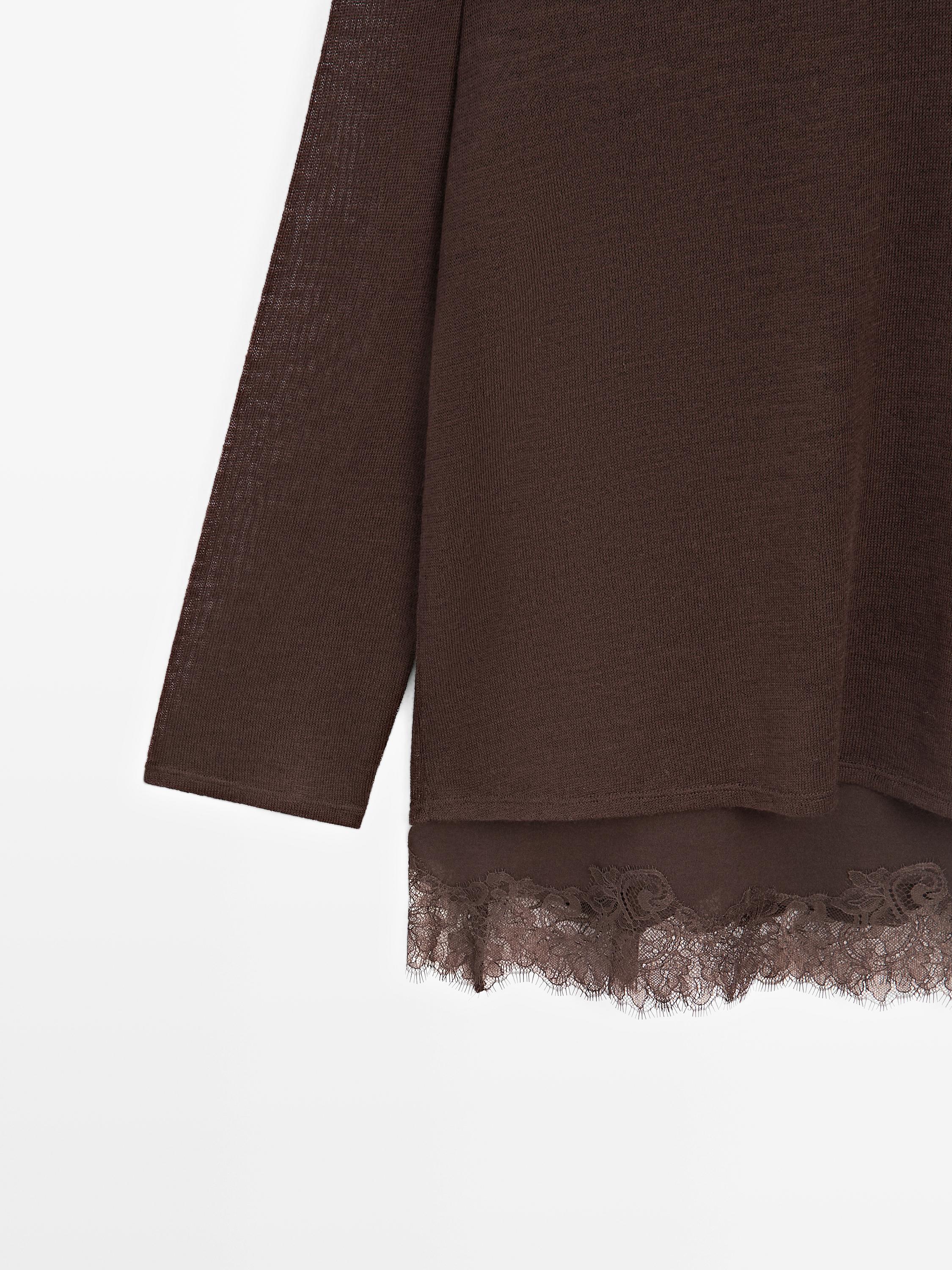 Long sleeve T-shirt with lace detail — BROWN