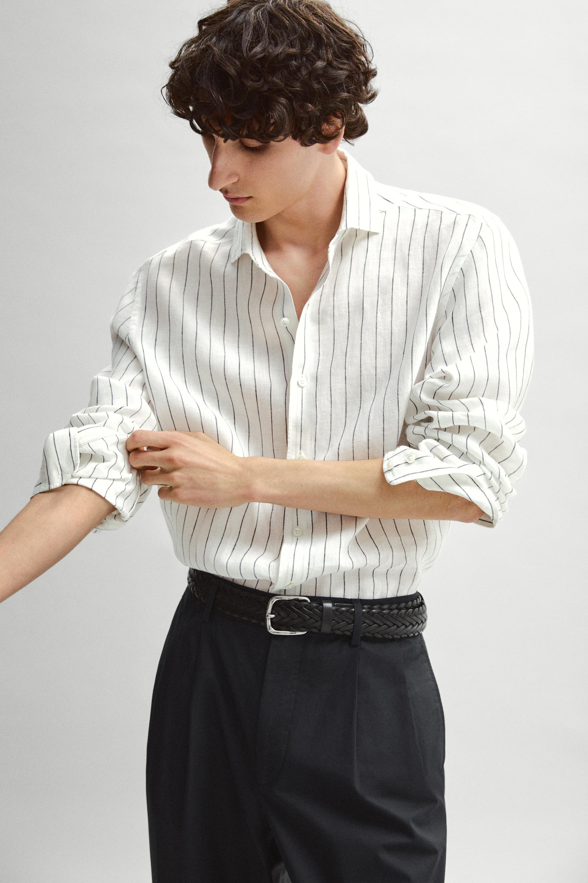 Lniana koszula slim fit w paski