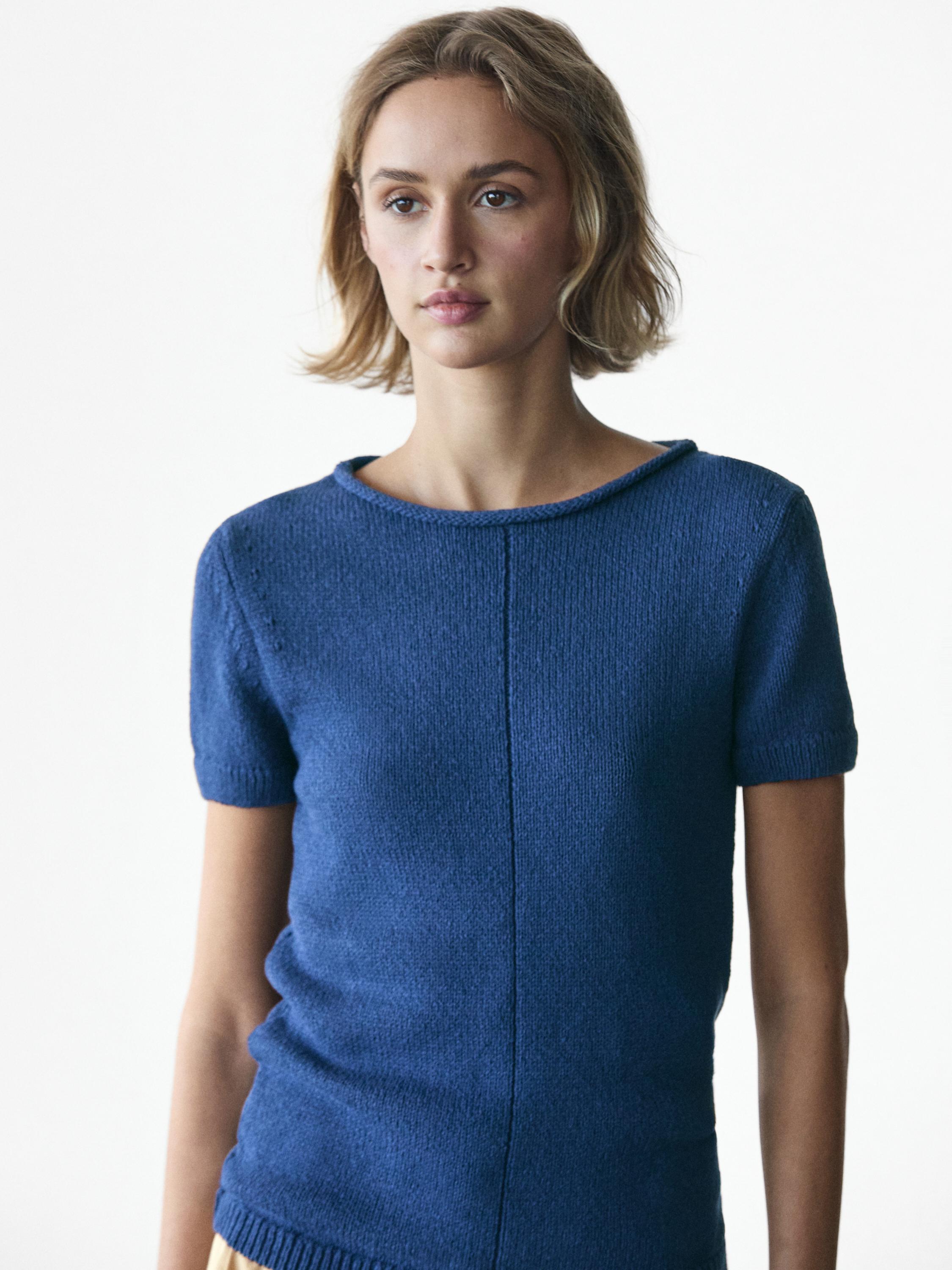 Short sleeve knit cotton blend sweater — DEEP BLUE