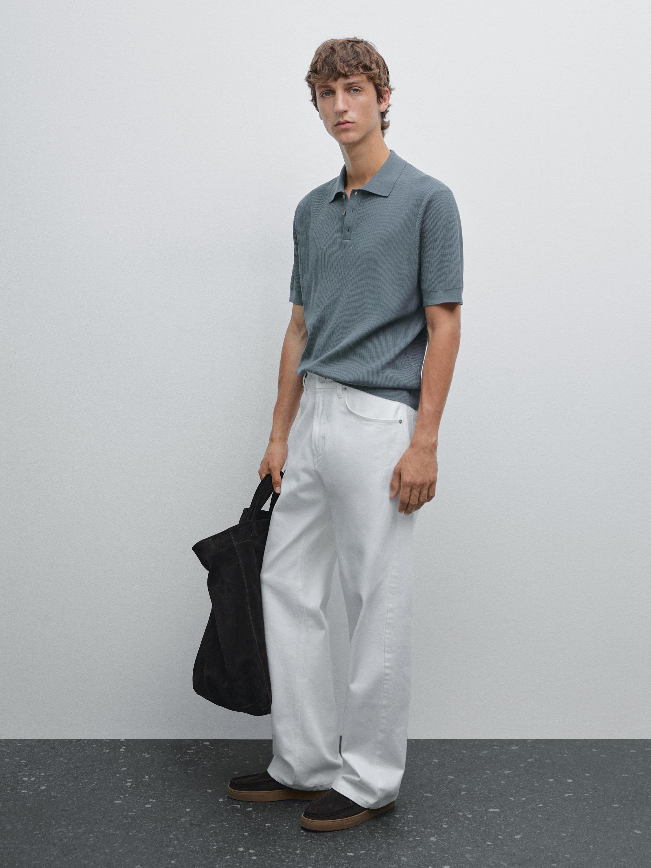 Ribbed knit cotton polo shirt