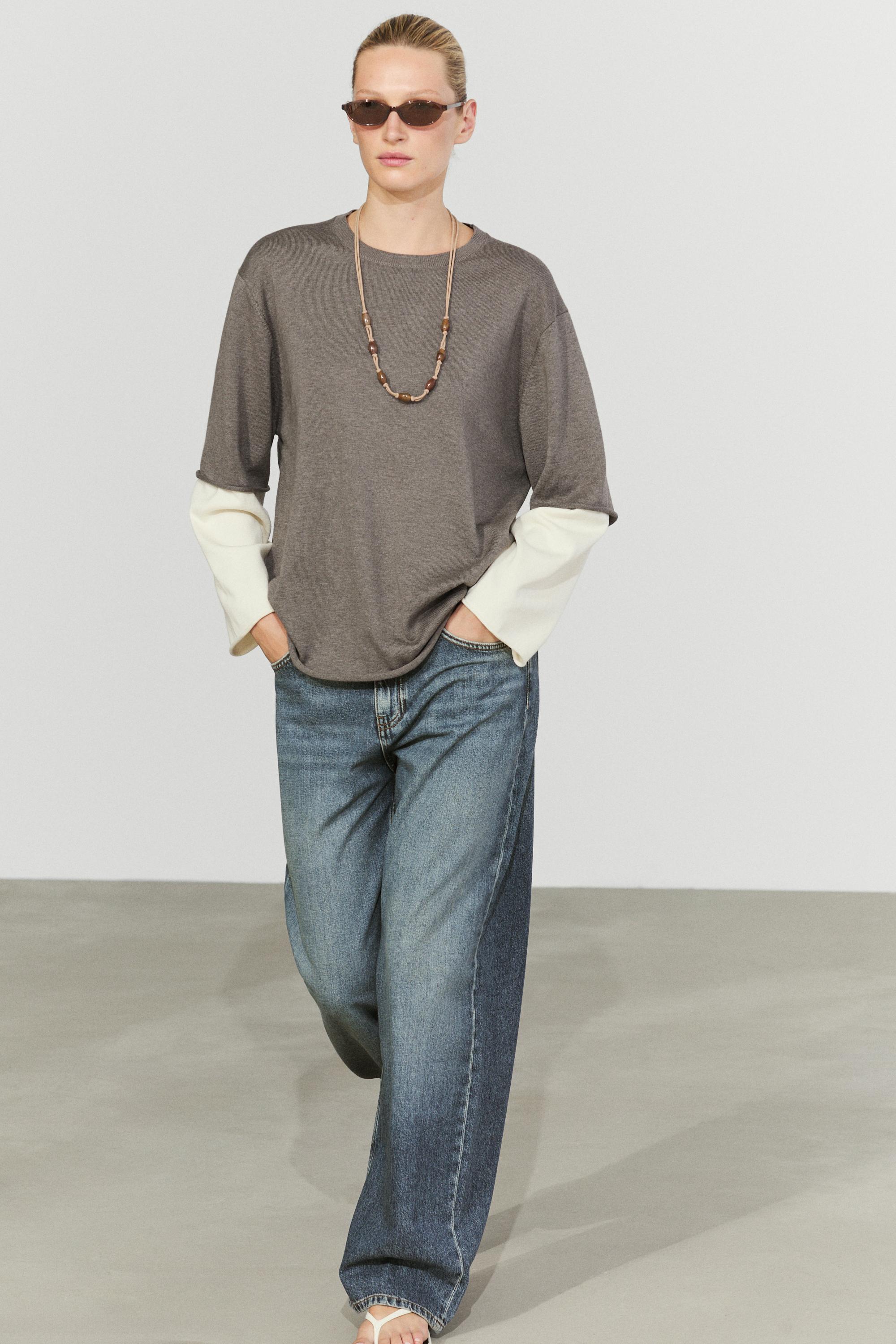 Oversize knit sweater with double sleeve detail — DARK KHAKI