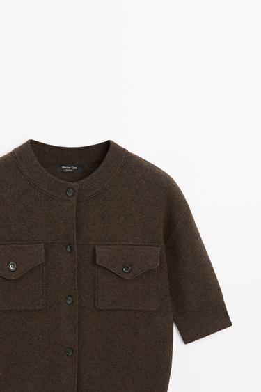Short sleeve knit cardigan with pockets — BROWN 4