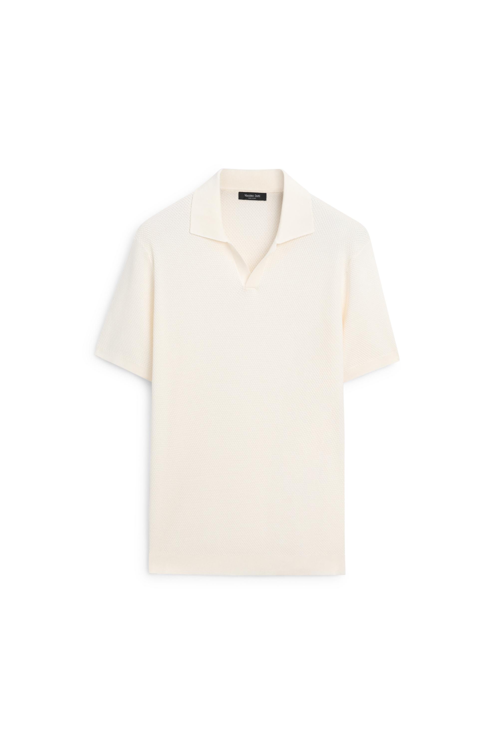 Cotton blend knit V-neck polo shirt — CREAM