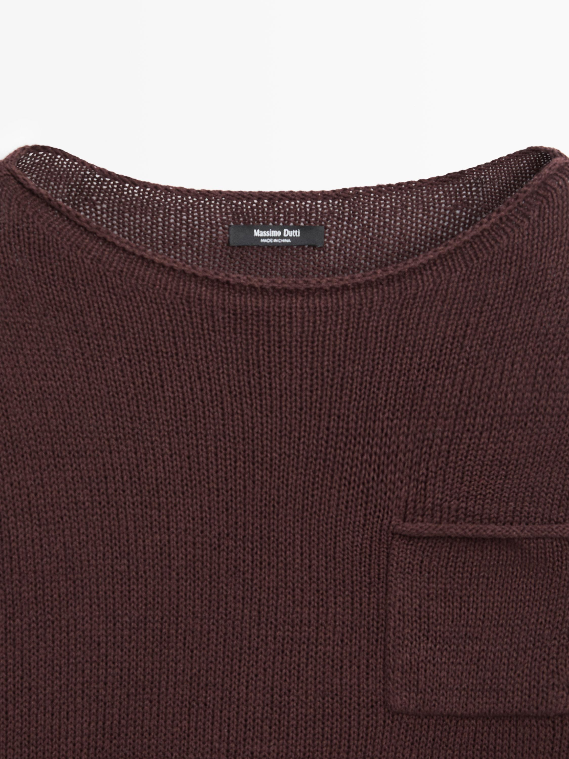 Cotton and linen knit sweater with pocket detail — BROWN