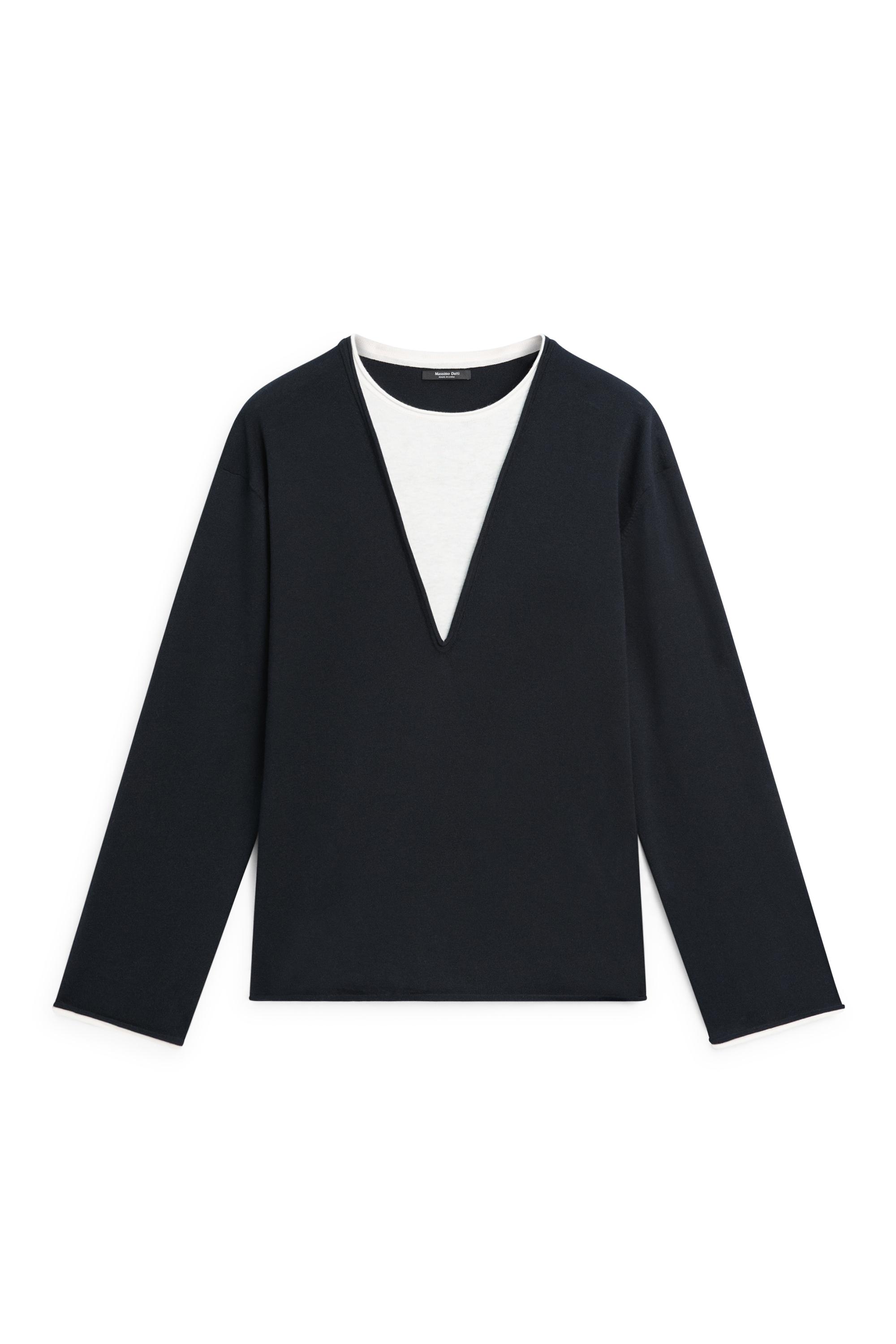 Cotton blend knit sweater with contrast fabric — NAVY BLUE